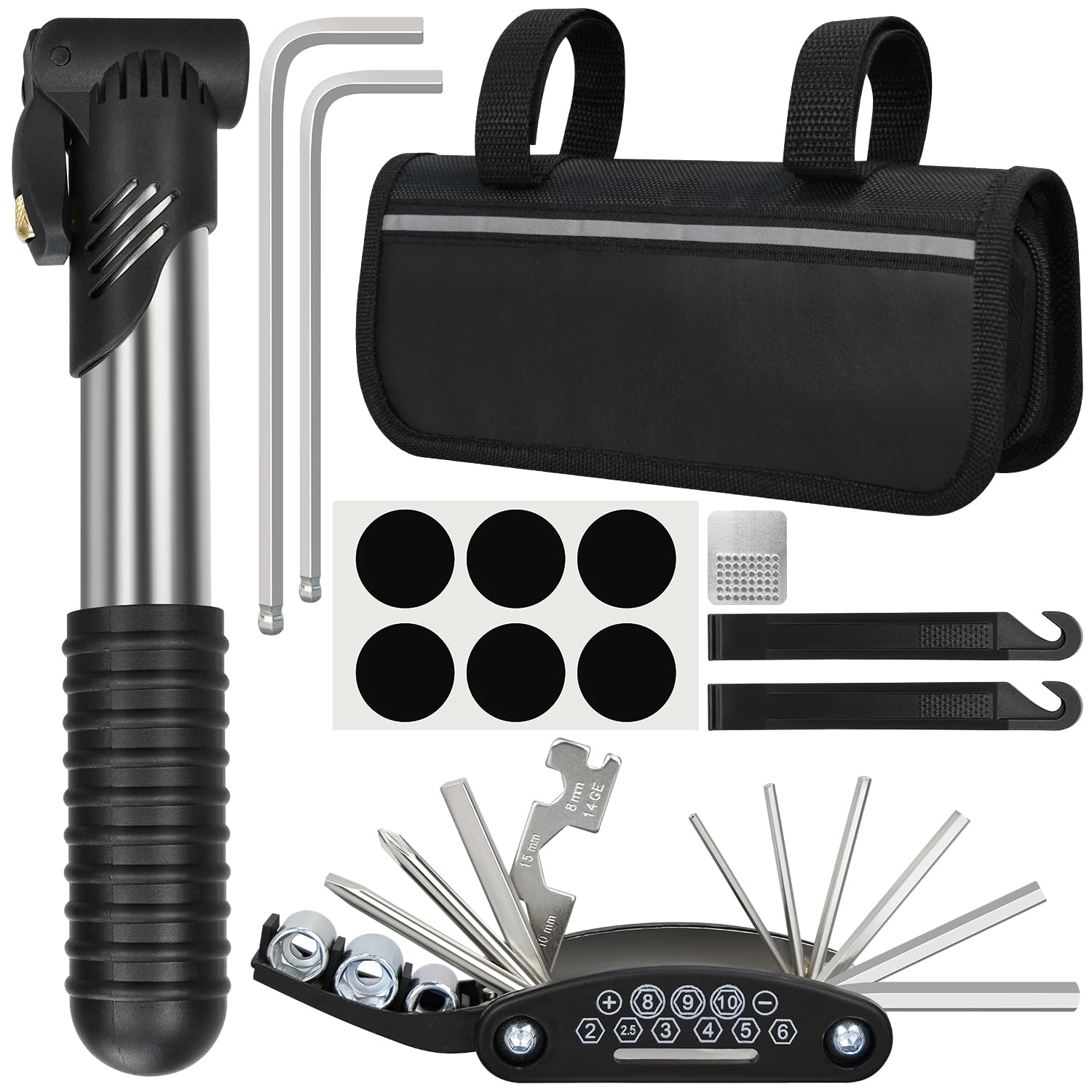 16-in-1 Bike Repair Kit with Tire Pump - Portable Bicycle Tool Kit for Mountain & Road Bikes - Includes 4mm/5mm Allen Wrenches & Tire Repair Tools - Perfect for Camping, Travel & Emergency Roadside Bike Maintenance