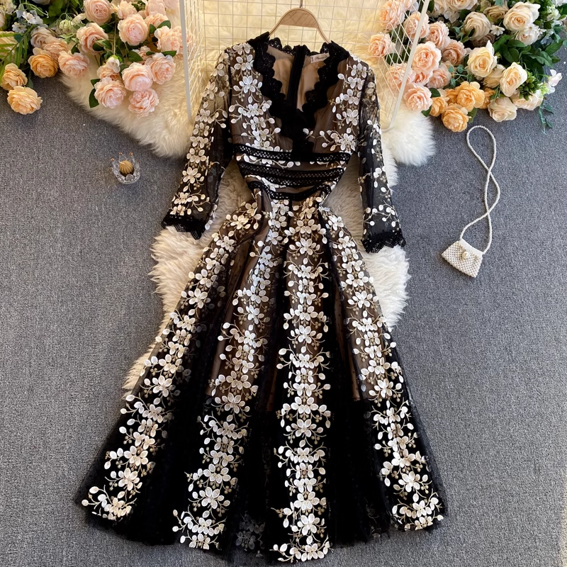 Embroidered Floral A-Line Fall Dress with Lace Collar - Elegant Prom Gown 1803 | Perfect for Homecoming, Weddings & Special Occasions