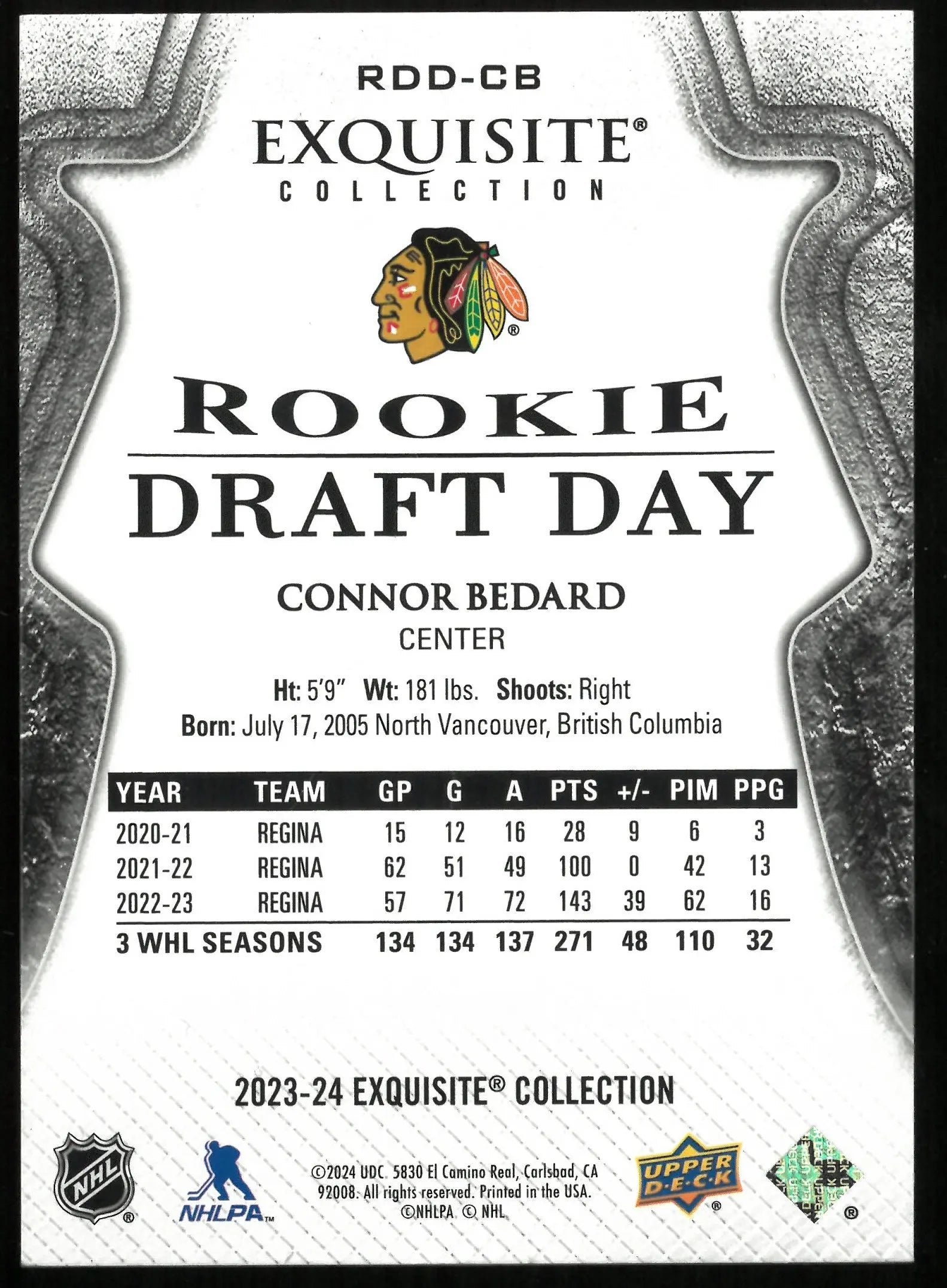2023-24 Upper Deck Exquisite Collection Connor Bedard Rookie Draft Day Gold Parallel /75 - Rare Hockey Trading Card for Collectors & Sports Fans