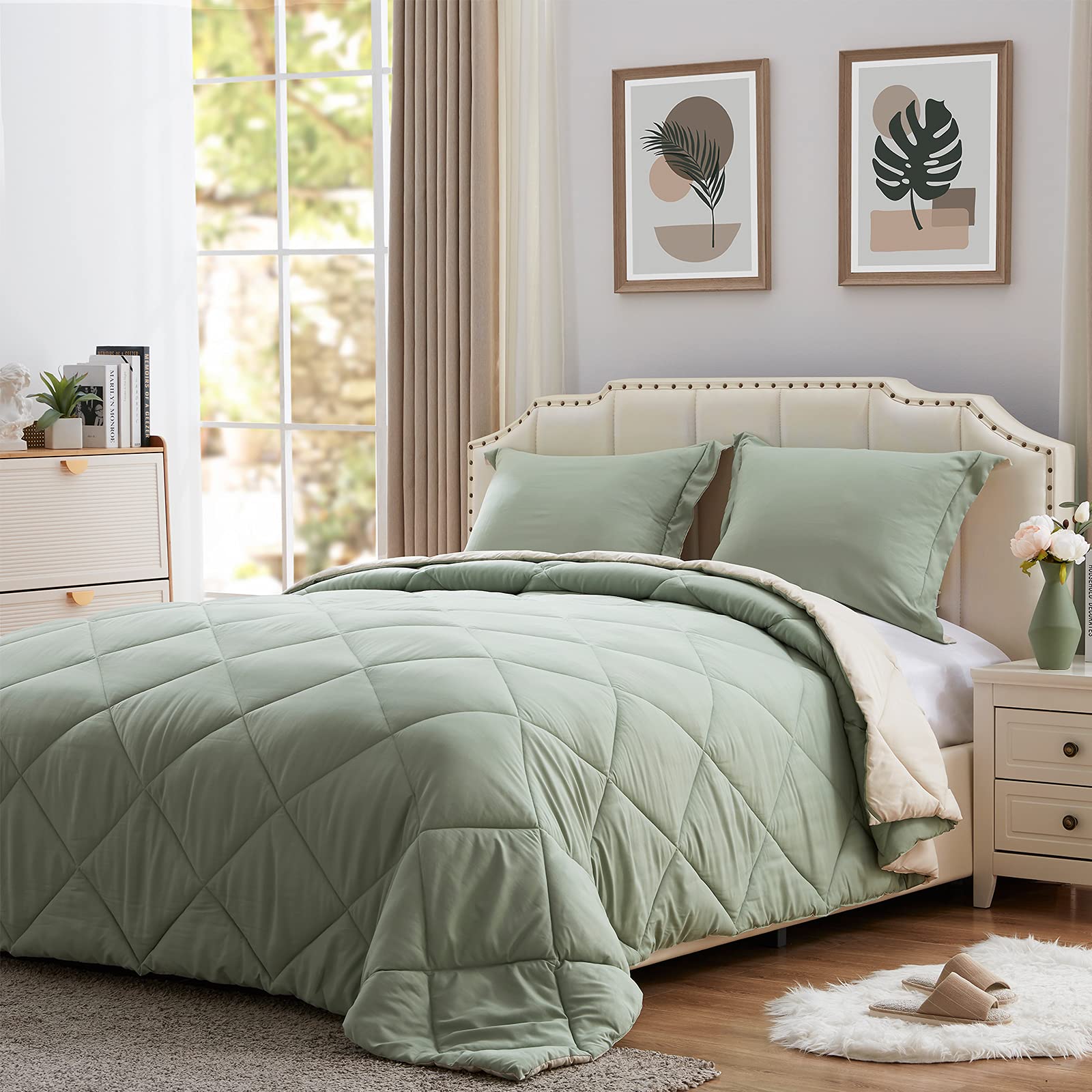 NexHome King Size Down Alternative Comforter Set - Lightweight Reversible Microfiber Bedding for All Seasons (Sage Green/Beige) | Perfect for Guest Rooms, Master Bedrooms & Cozy Home Decor