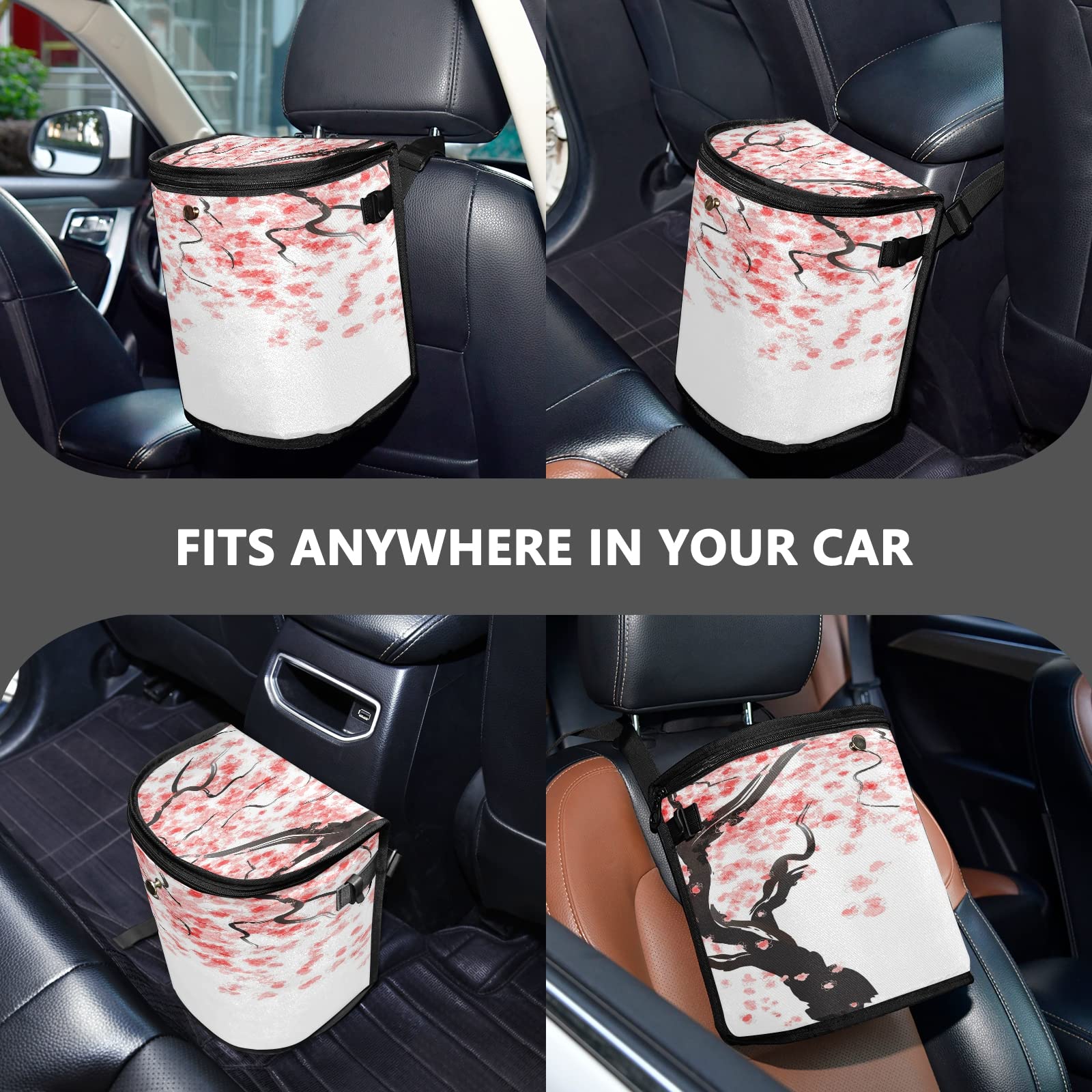 Senya Leak-Proof Hanging Car Trash Can - Japanese Cherry Blossom Design Car Garbage Bin with Organizer Bag | Perfect for Road Trips, Commuting & Keeping Your Vehicle Clean