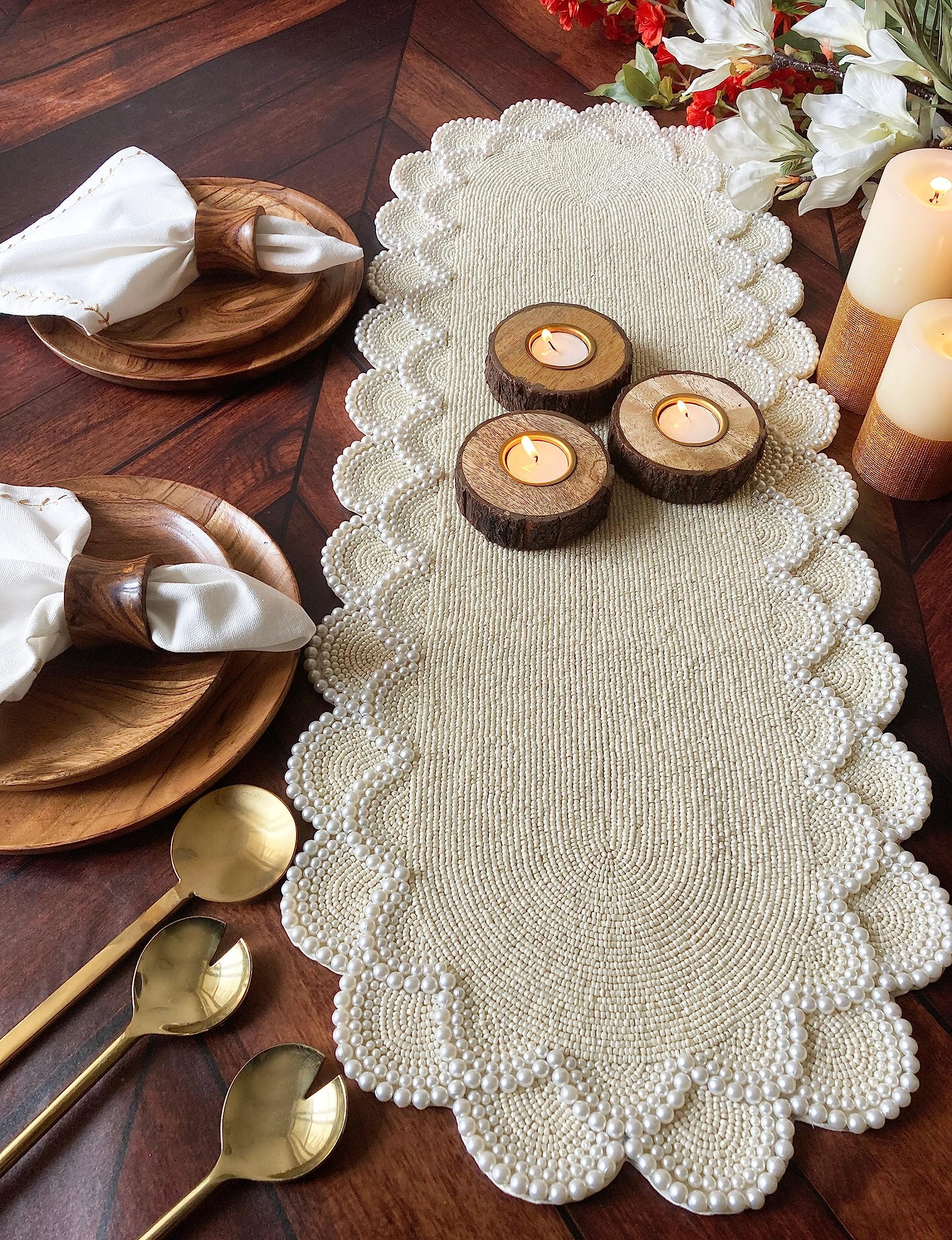 Handmade Beaded Table Runner - Pearl White Wedding Decoration - 13x36 Inch Elegant Dining Table Decor for Weddings, Parties & Home Decor