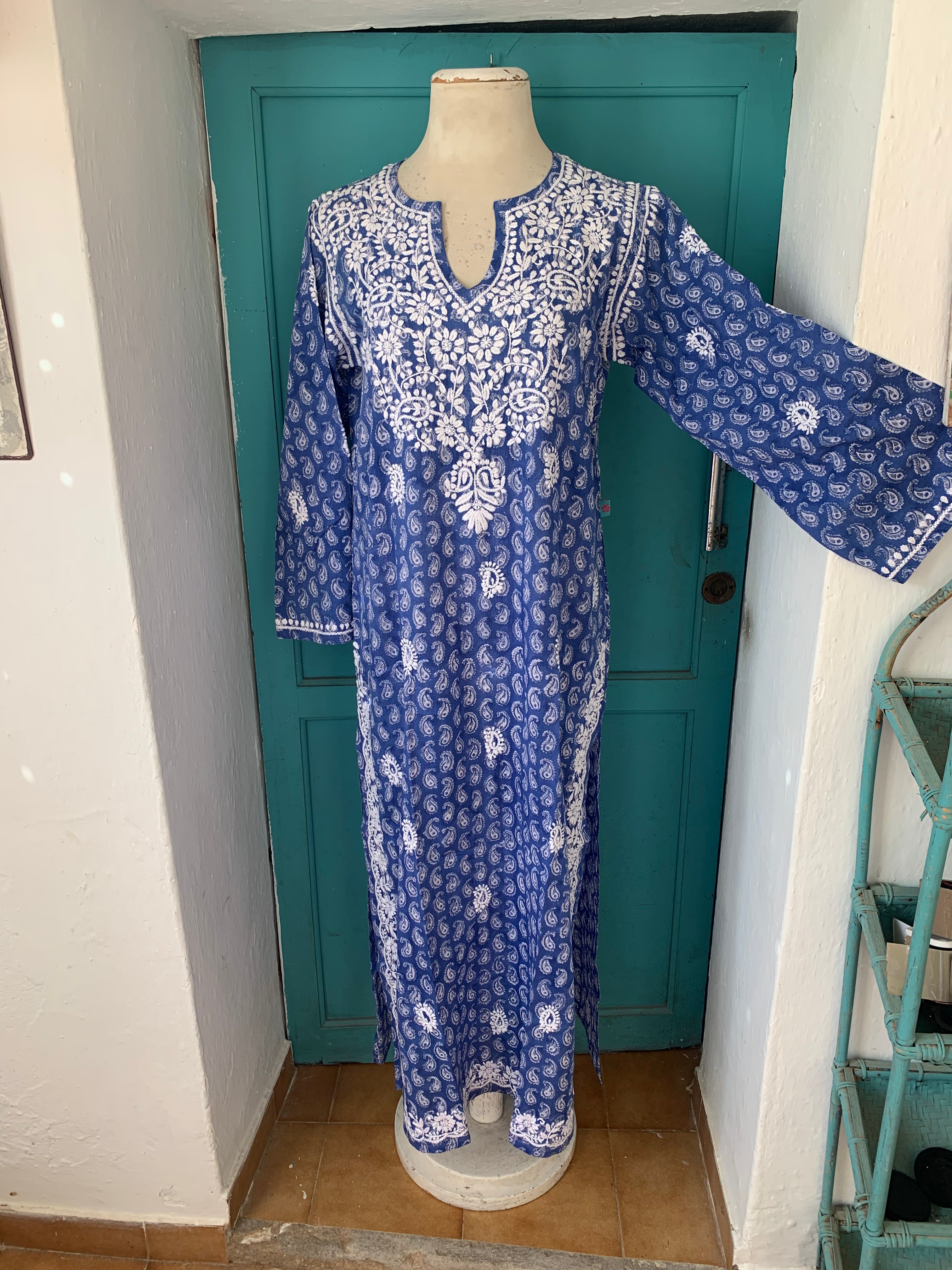 Hand Block Printed Blue Muslin Cotton Maxi Kurta for Women | Traditional Indian Tunic Dress | Perfect for Festivals, Weddings & Casual Wear