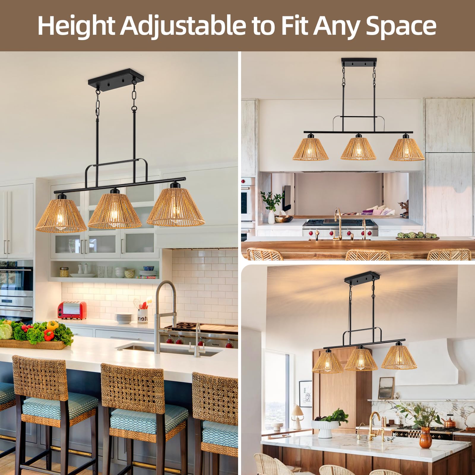 Rattan Farmhouse Kitchen Island Lighting - 3-Light Dining Room Chandelier with Hand Woven Wicker Shade, Linear Pendant Light for Kitchen Island, Dining Table, Living Room, and Bedroom