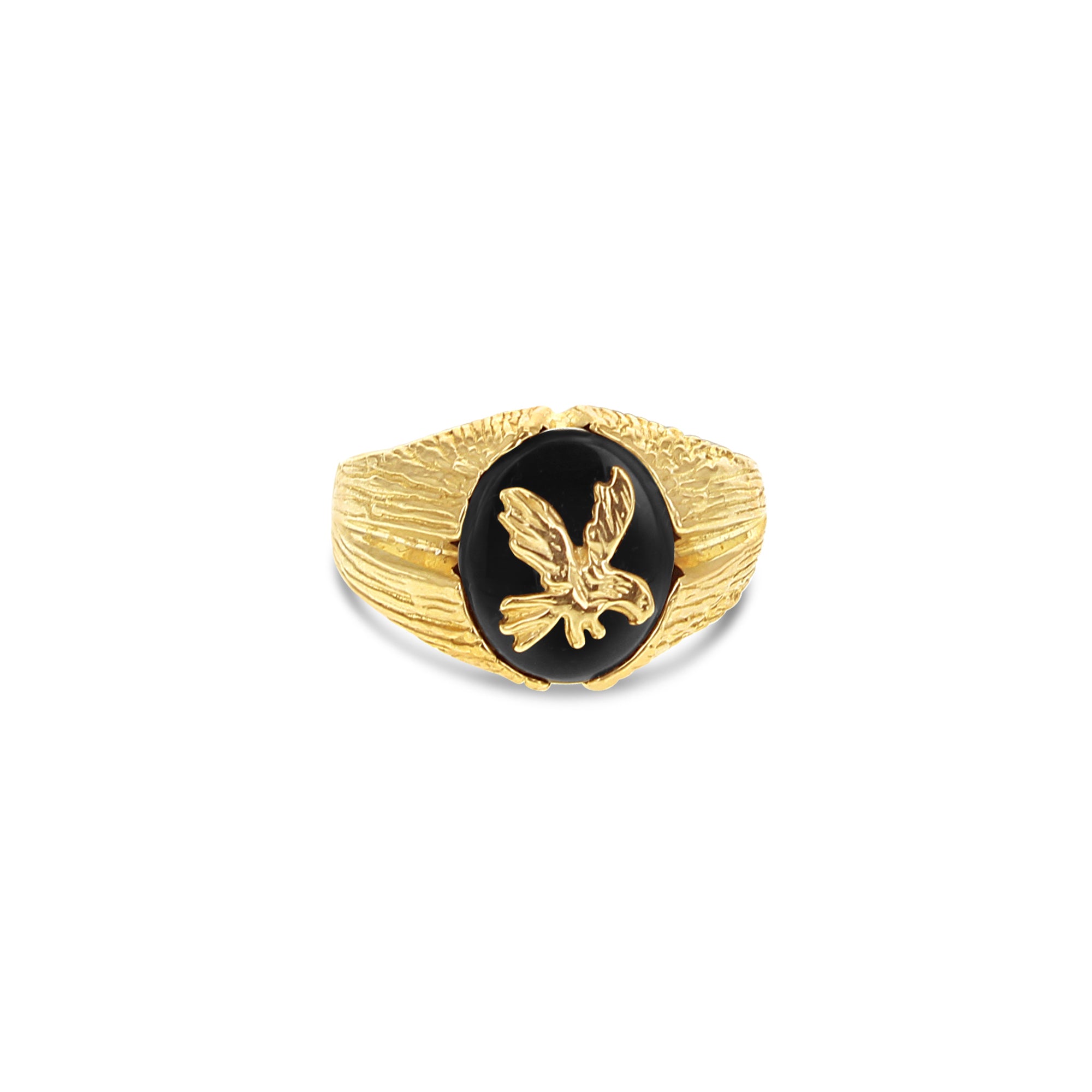 14k Yellow Gold Black Onyx Eagle Ring with Bark Textured Band - Perfect for Men's Fashion Jewelry, Gifts & Special Occasions