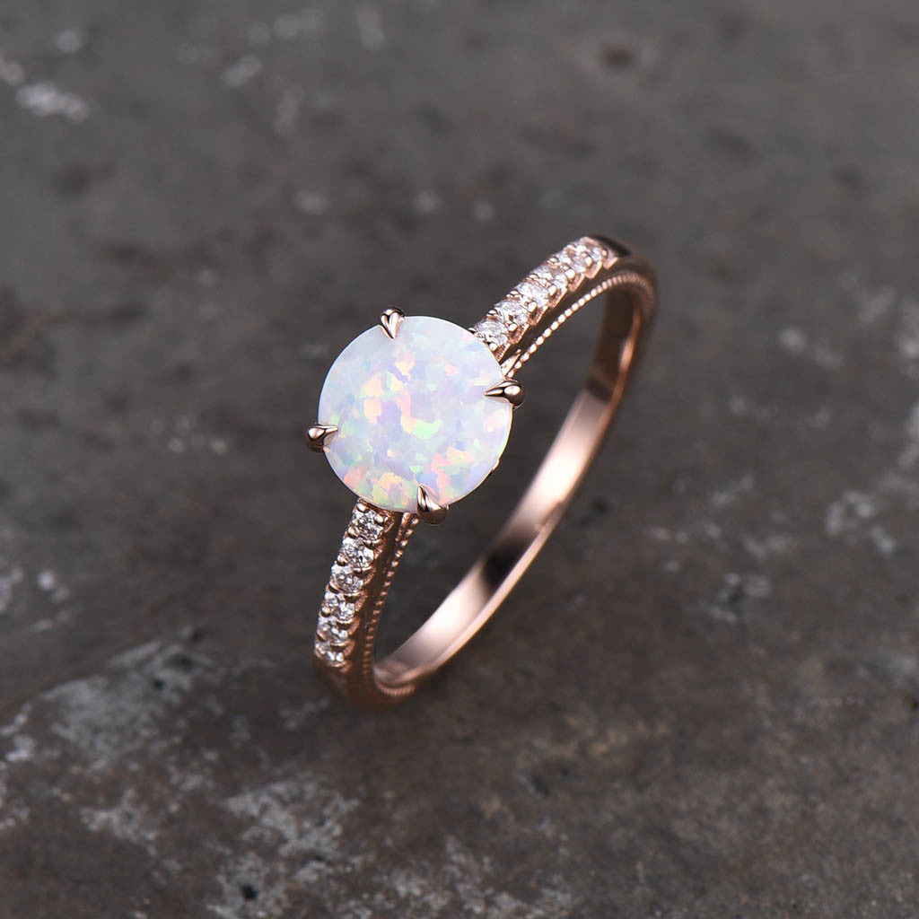 Opal Solitaire Engagement Ring for Women - 14K Rose Gold Wedding Band, Elegant Promise Ring for Her | Perfect for Proposals, Anniversaries & Special Occasions