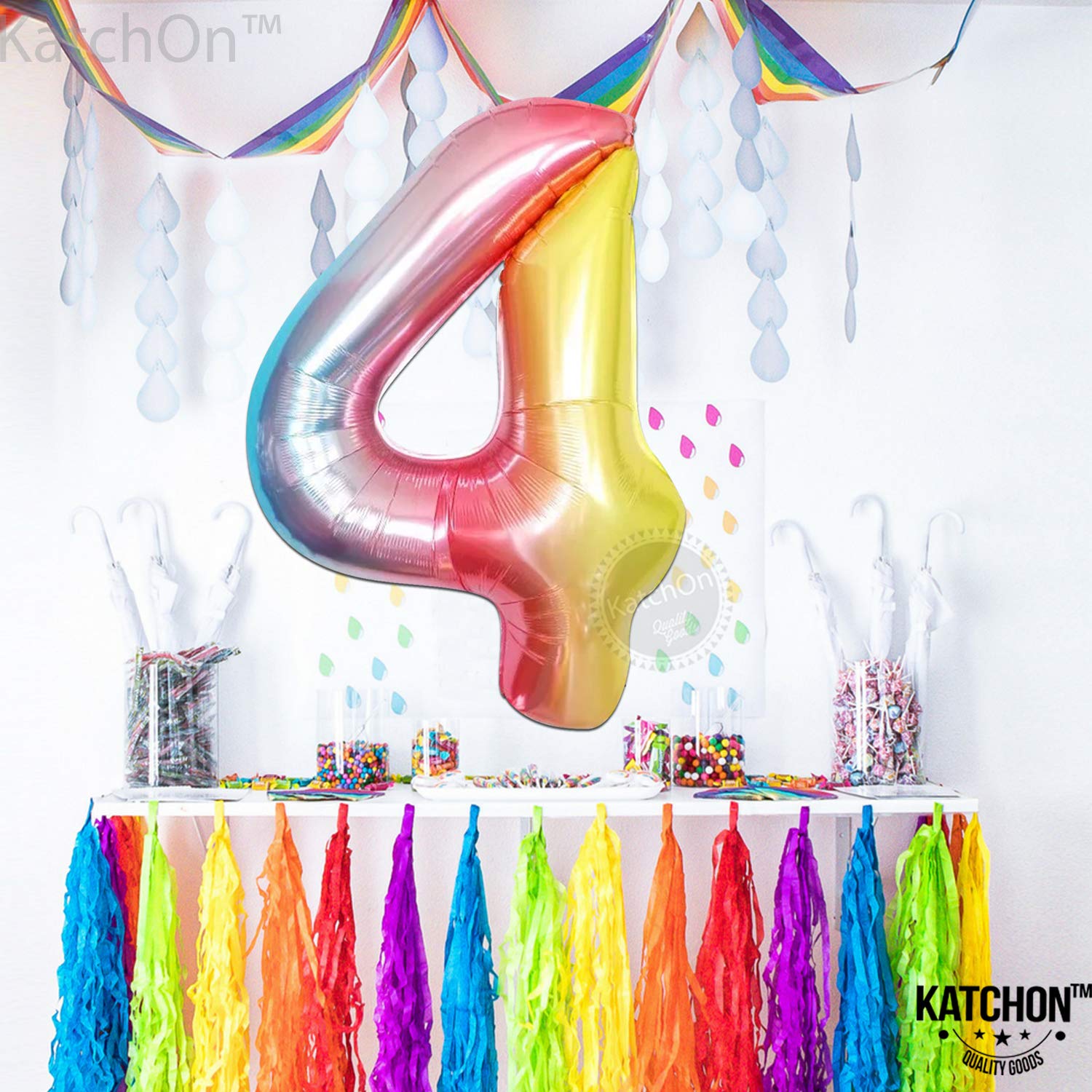 KatchOn Giant 40 Inch Rainbow Number 4 Balloon - Unicorn & Mermaid Birthday Party Decorations for 4th Birthday, Baby Shower, Gender Reveal, Photo Backdrop