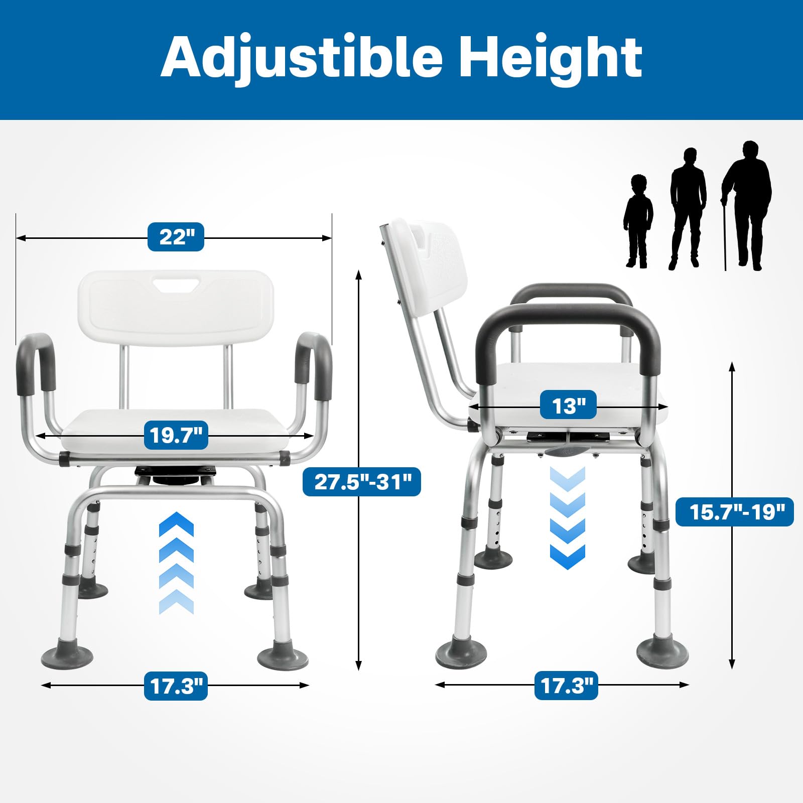 Eosprim 360° Swivel Shower Chair for Bathtub - Adjustable Height Bath Seat with Padded Backrest & Armrests - Non-Slip Rotating Shower Stool for Elderly & Disabled - Ideal for Bathroom Safety and Mobility Assistance