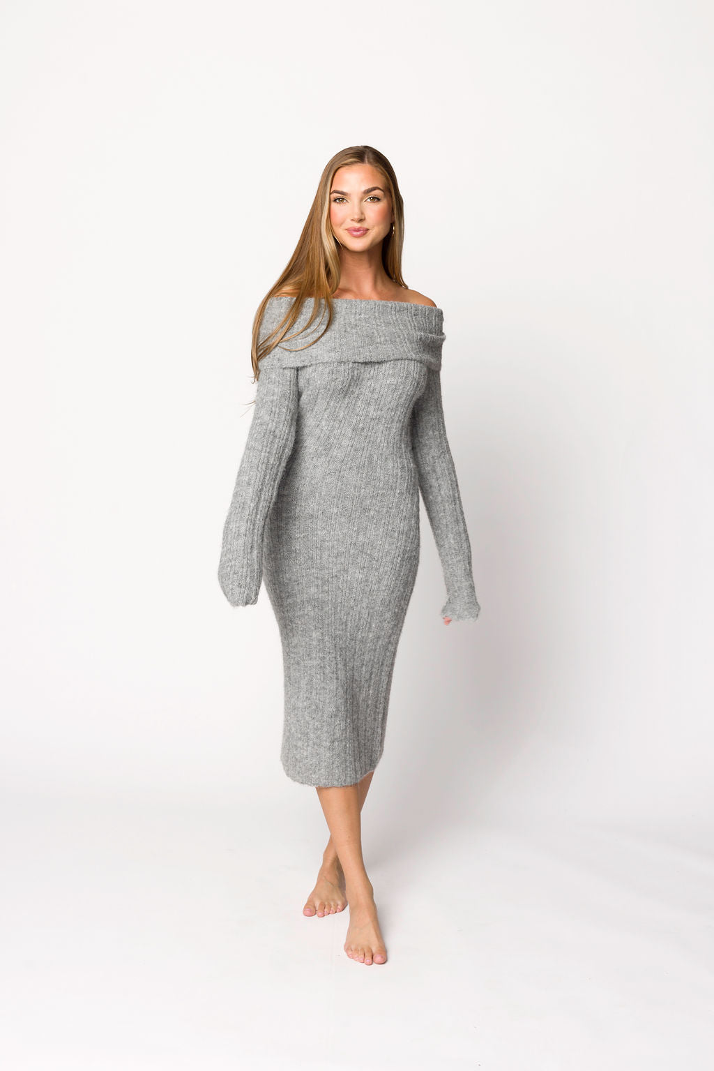 Beth Off the Shoulder Sweater Midi Dress in Heather Grey - Women's Elegant Knit Dress for Casual Wear, Date Night & Fall Fashion