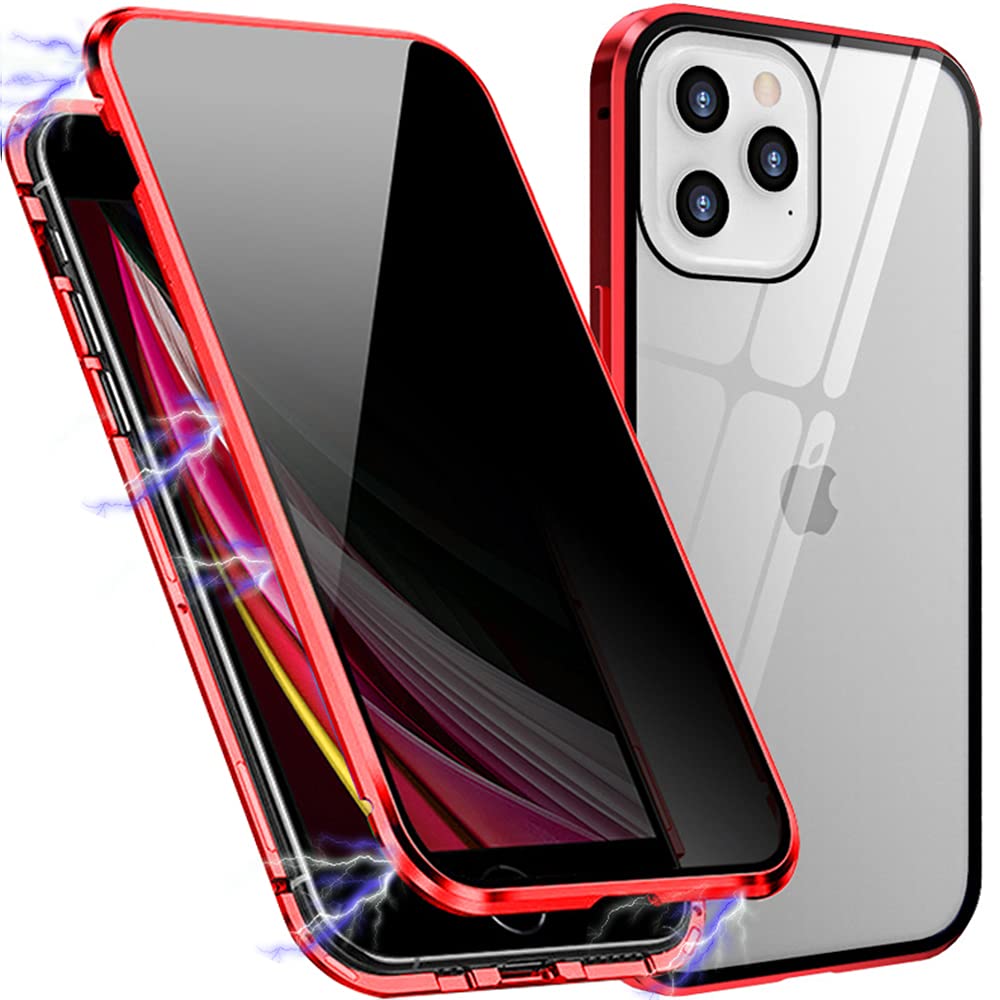 HSCC666 Privacy Magnetic Case for iPhone 12 Pro Max - Anti Peeping Clear Double Sided Tempered Glass with Metal Bumper Frame - Full Protection Phone Cover for iPhone 12 Pro Max (Red) - Perfect for Office, Travel & Daily Use