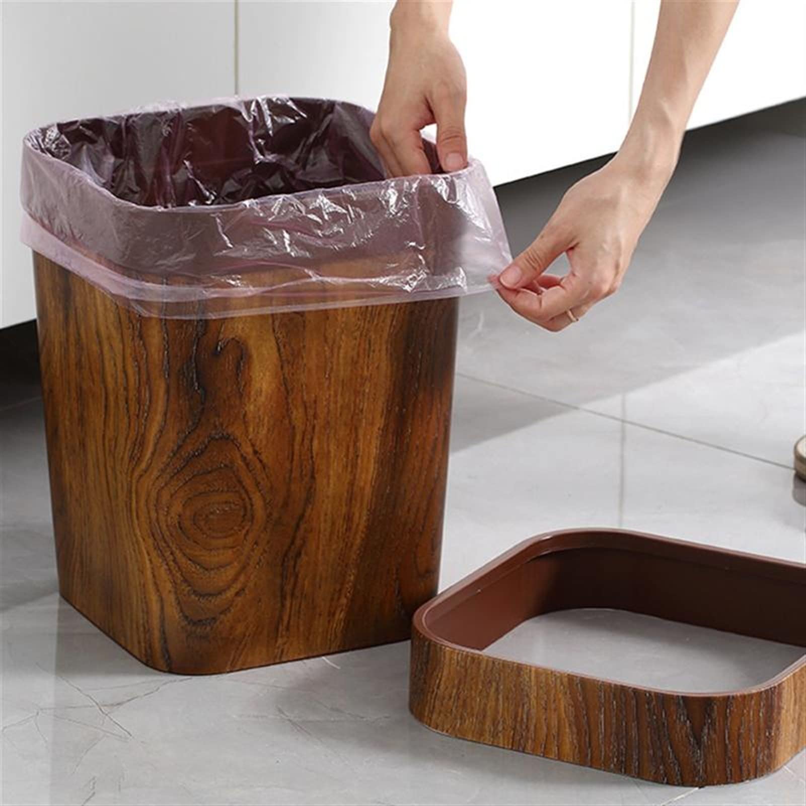 TOMYEUS 14L Retro Wood-Look Compost Bin - Large Square Kitchen & Office Trash Can with Step Pedal, Eco-Friendly Waste Container for Food Scraps, Recycling & Household Use - Perfect for Countertop, Pantry & Sustainable Living