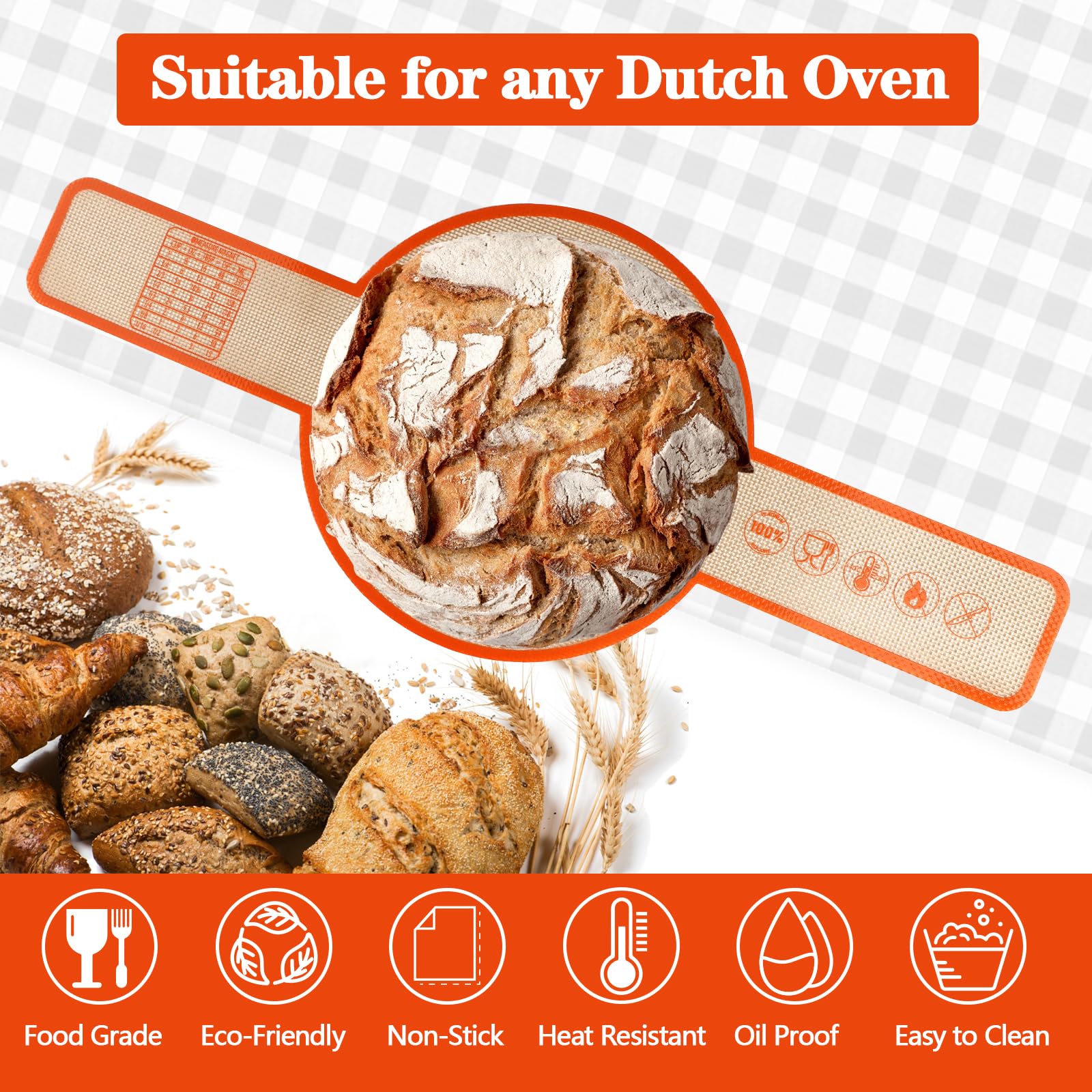 UBeesize Thickened Silicone Bread Sling - Reusable Non-Stick Sourdough Baking Mat for Dutch Oven (2-8 Quart) with Extra Long Handles | Easy Clean Bread Sheet Liner for Homemade Artisan Loaves & Dutch Oven Baking
