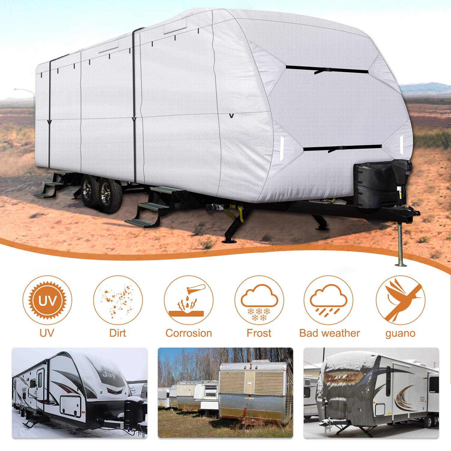 Leader Accessories Premium 210D 24'-27' Travel Trailer RV Cover with Adhesive Repair Patches | Heavy-Duty Ripstop Diamond Weave Camper Cover | All-Weather Protection for Outdoor Storage & Travel