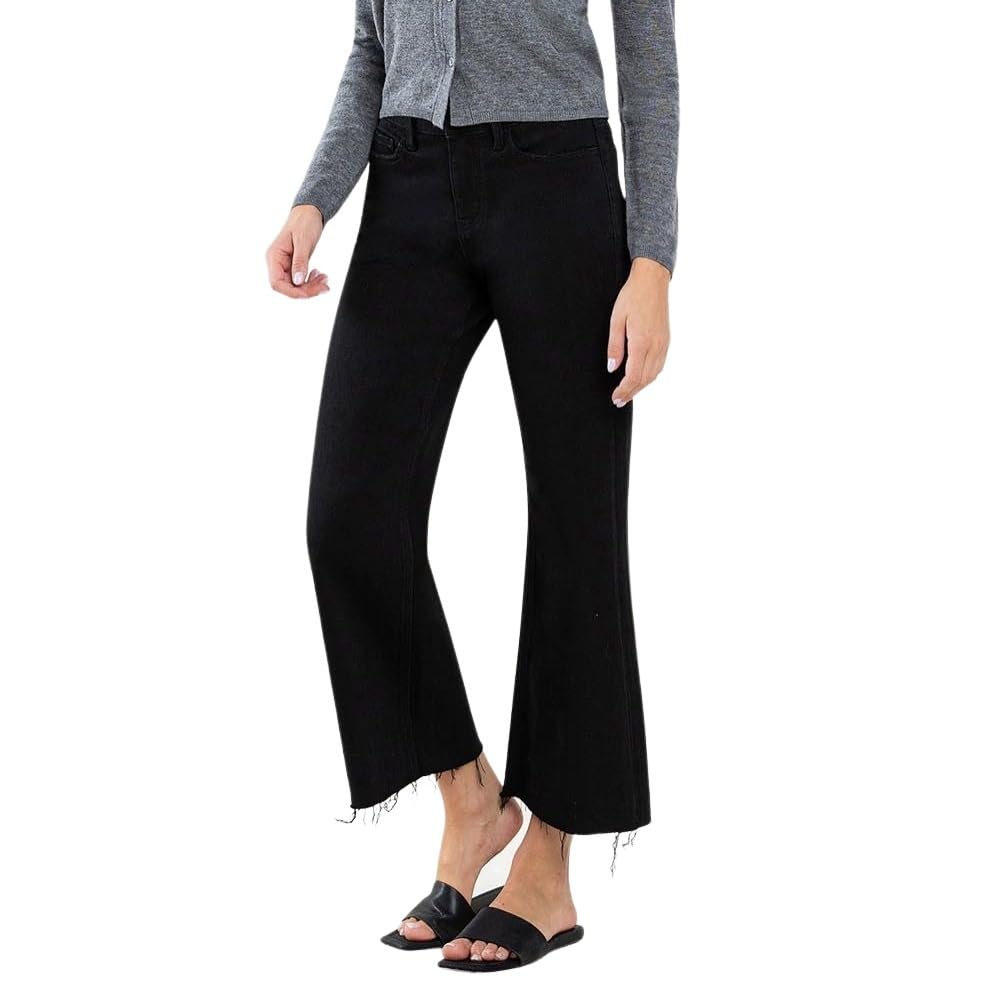 Jet Black High-Rise Raw Hem Cropped Wide Leg Jeans for Women - Trendy Distressed Denim Pants for Casual Outfits, Street Style & Everyday Wear