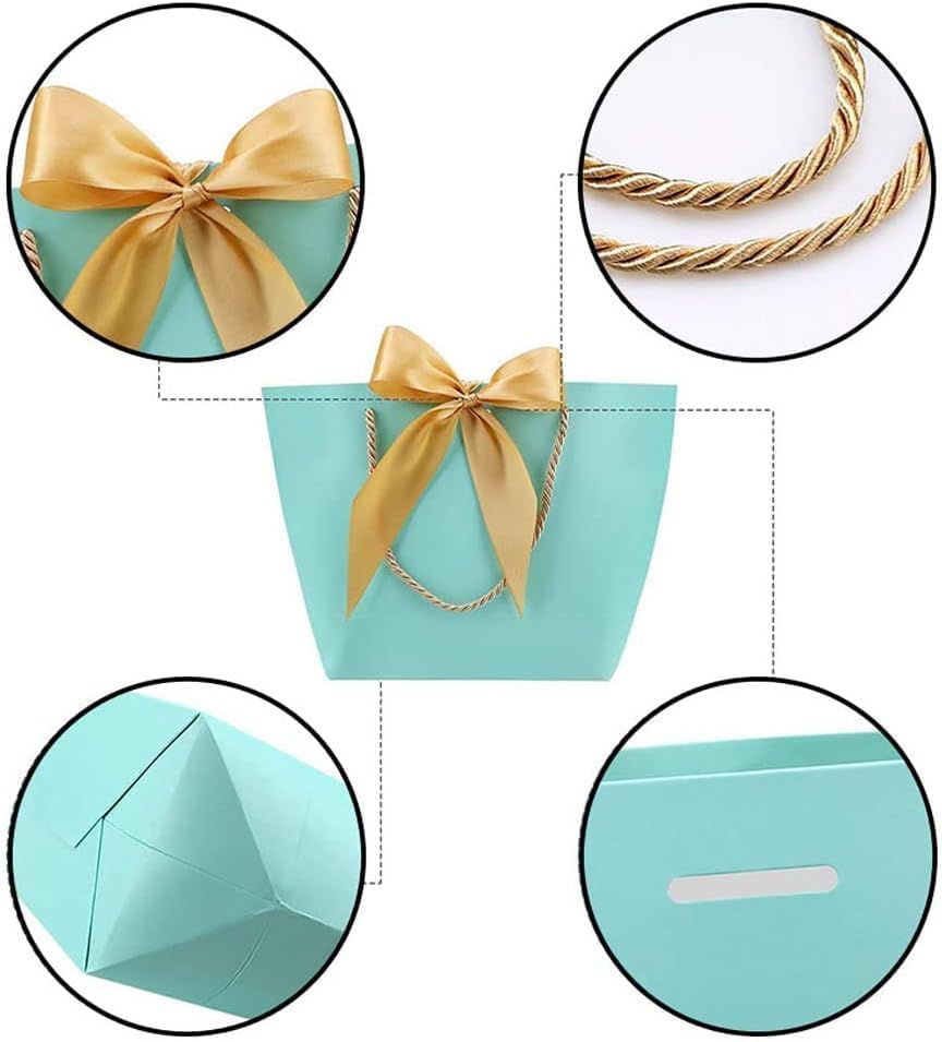 SATYAM KRAFT 6-Piece Light Blue Gift Paper Bags with Golden Bow Handles - Perfect for Christmas, Birthday, Wedding Favors & Party Favors | Elegant Goodie Bags for Holiday Gifting, Seasonal Celebrations & Special Occasions