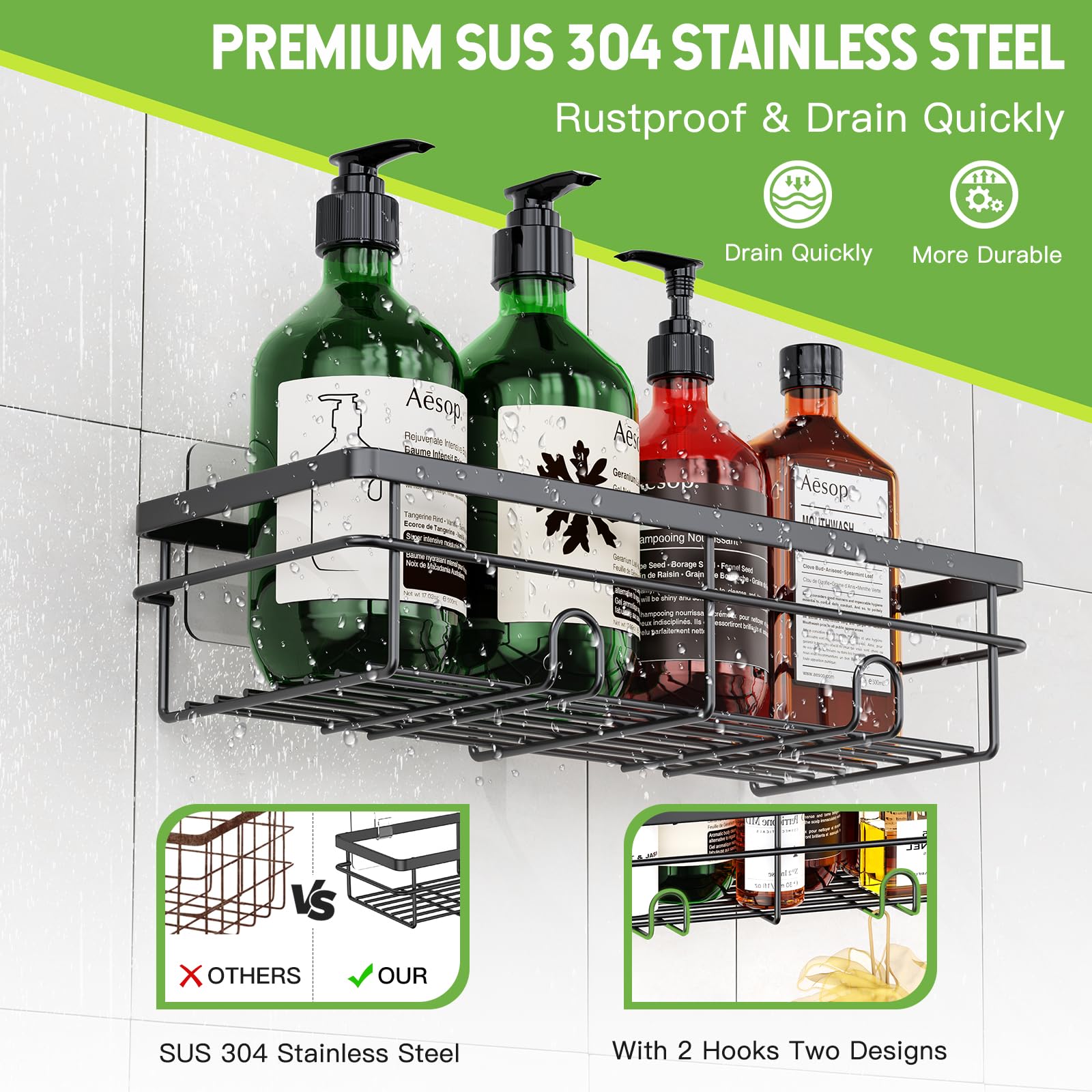 Uamector Rustproof Shower Caddy Organizer - Bathroom Wall Mounted Storage Shelf for Shampoo, Soap & Bath Essentials - Space Saving Bath Tub Organizer for Home Decor (Perfect for Small Bathrooms & Apartment Showers)