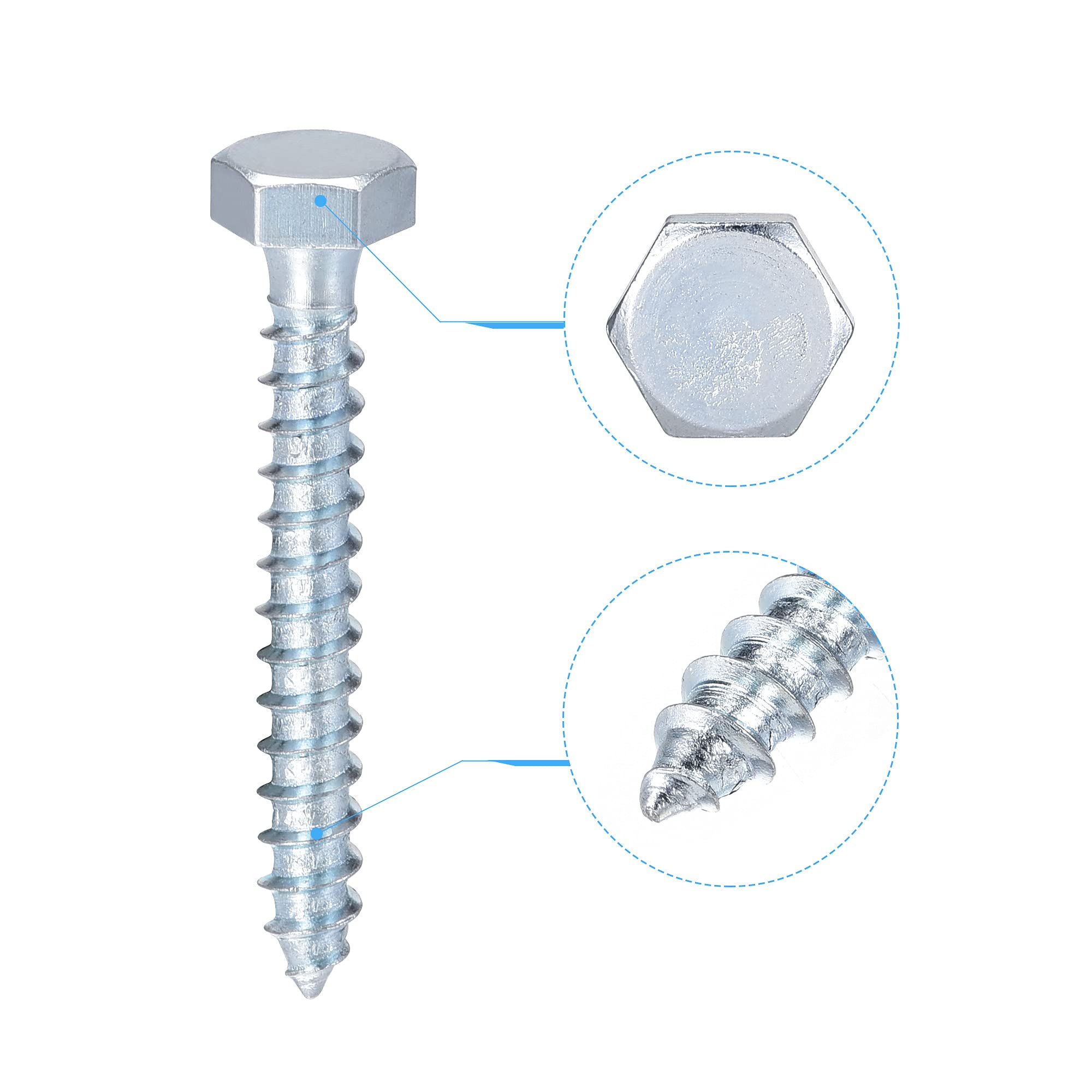 Hex Lag Screws M6 x 50mm Zinc Plated Self-Tapping Bolts for Wood - 50Pcs - Perfect for Furniture & Decking