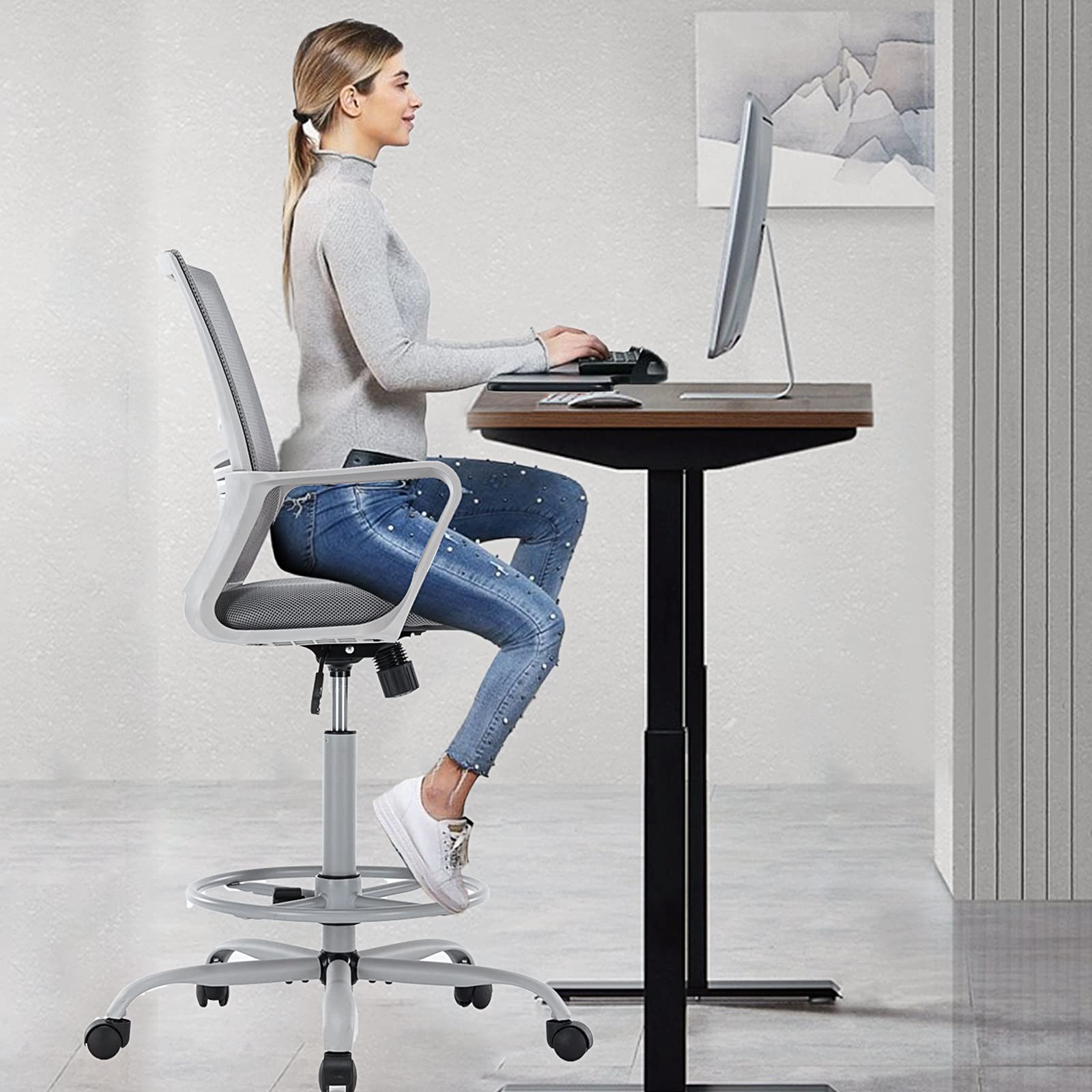 OLIXIS Adjustable Drafting Chair - Ergonomic Tall Office Chair with Foot Ring, Standing Desk Support & Breathable Mesh Seat - Swivel Rolling Stool for Artists, Architects & Home Office Use