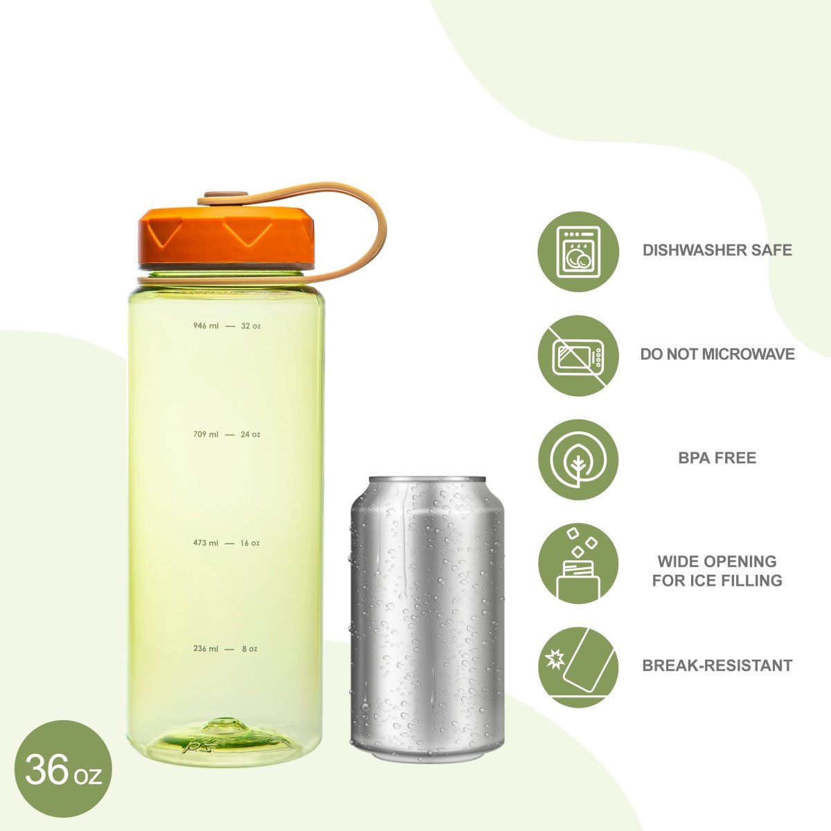 36oz HydroPop Water Bottle with Strap & Measurement Markings - Leakproof, BPA-Free, Insulated Stainless Steel Water Bottle for Gym, Hiking & Outdoor Activities (Green)