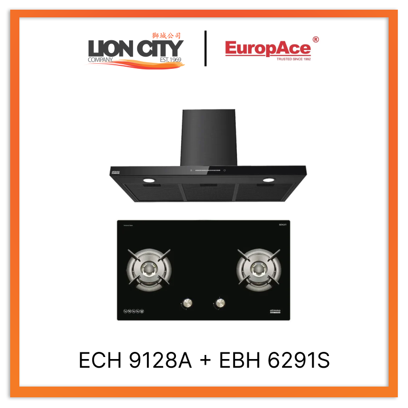 Europace ECH9128A 90cm Premium T Chimney Range Hood with EBH6291S 2-Burner 90cm Gas Cooktop (Schott Glass) - Perfect for Modern Kitchens & Home Cooking