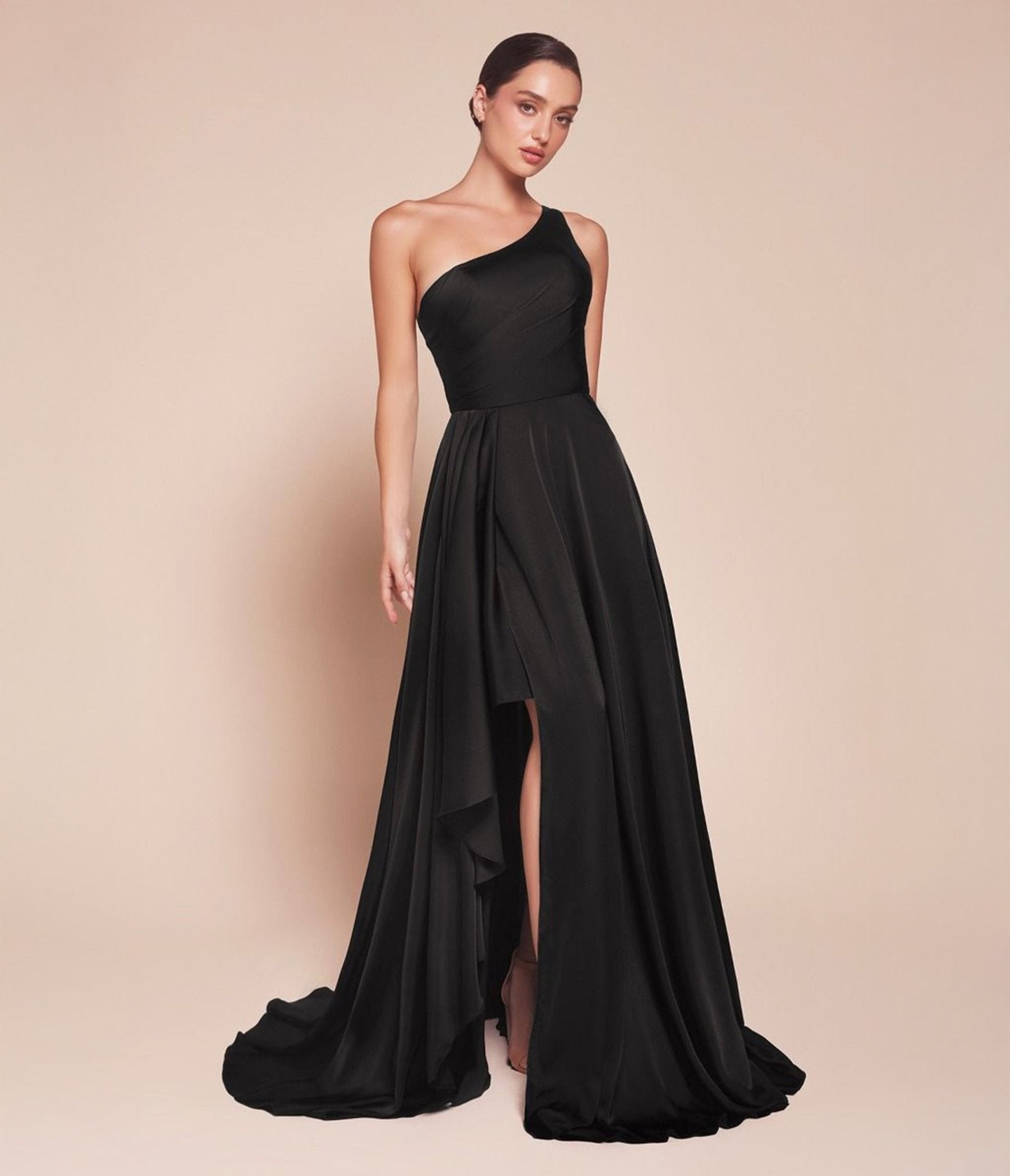 Ladivine by Cinderella Divine Black One Shoulder Satin A-Line Dress for Evening Gala, Prom, Wedding Guest & Cocktail Party