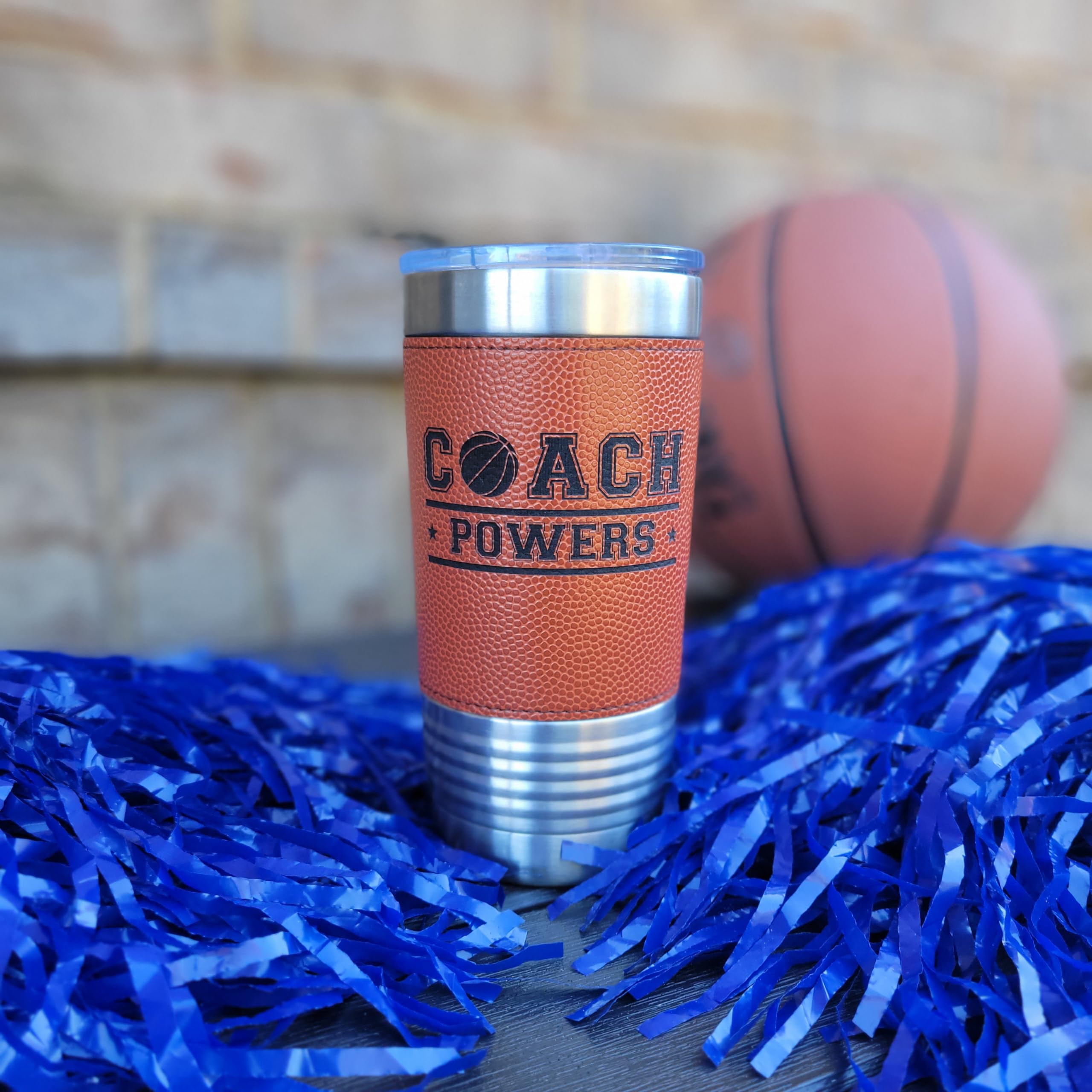 Personalized 20oz Basketball Tumbler - Insulated Stainless Steel Leatherette Cup with Basketball Texture Design - Perfect Gift for Basketball Players, Coaches & Fans - Great for Games, Practices & Office Use