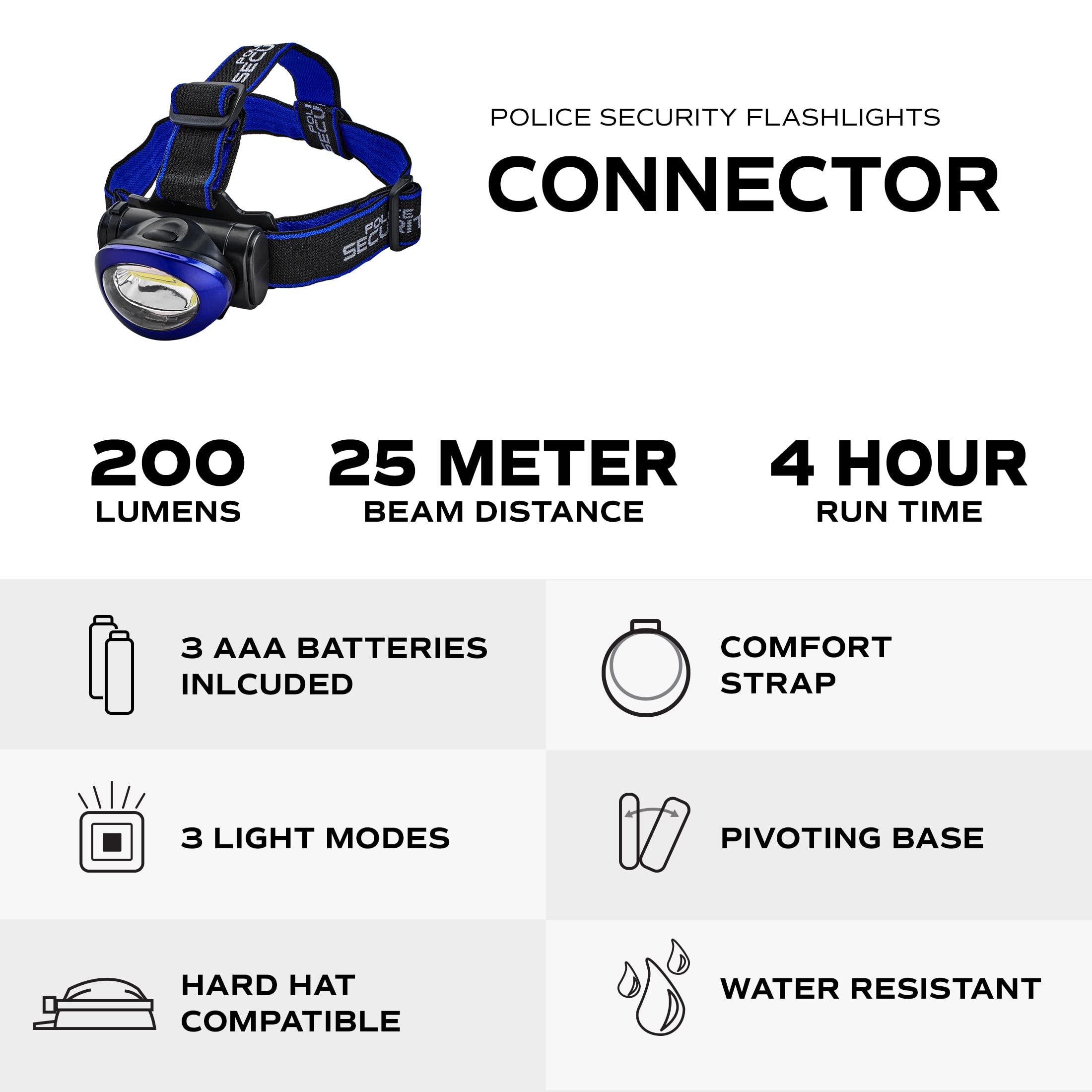 Police Security Flashlight 99645 Connector - 150 Lumens LED Headlamp for Law Enforcement, Camping & Emergency Use - Waterproof & Rechargeable Tactical Light