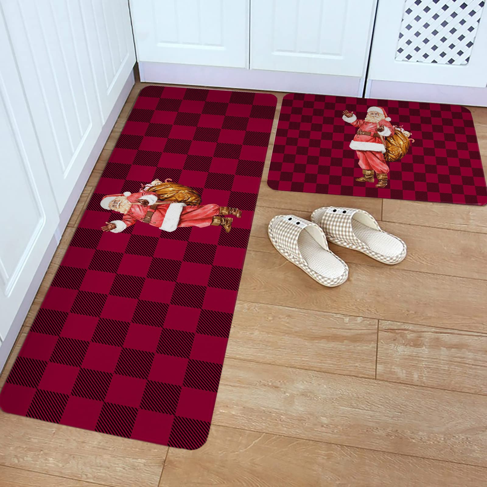 Christmas Santa Claus Red Plaid Non-Slip Kitchen Rugs Set of 2 - Holiday Floor Mats for Kitchen, Bathroom, Living Room & Laundry Room - Perfect for Festive Home Decor & Winter Gatherings