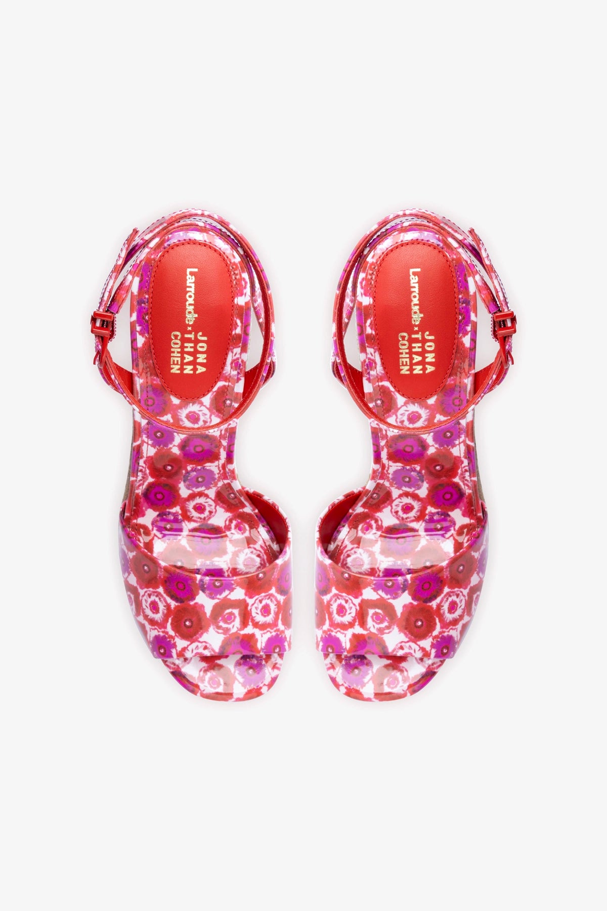 Larroudé x Jonathan Cohen Yves Wedge Sandals - Red Abstract Printed Patent Leather Heels for Women | Perfect for Parties, Weddings & Date Nights