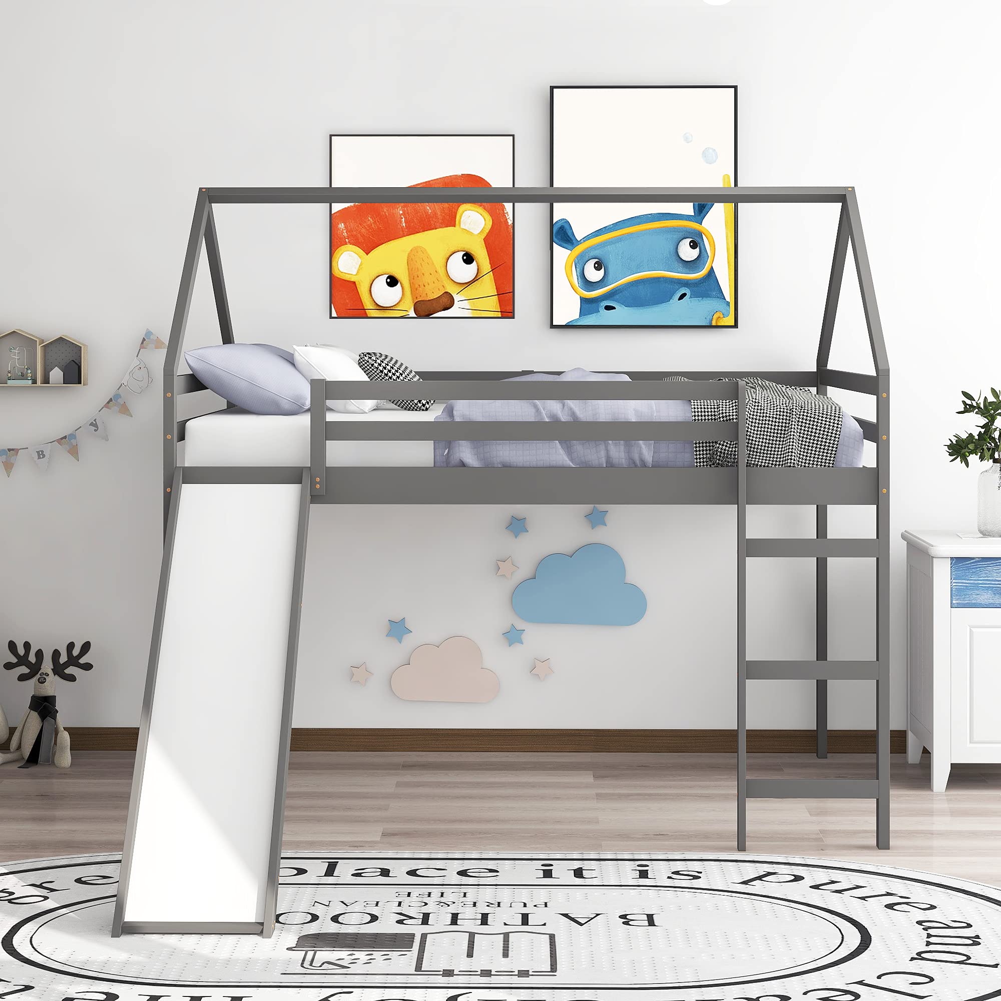 Winwee Full Size Wooden Loft House Bed with Roof & Fence Guardrail - Twin/Full Kids Loft Bed with Slide for Boys & Girls Bedroom (Gray) - Perfect for Small Spaces, Playrooms & Sleepovers