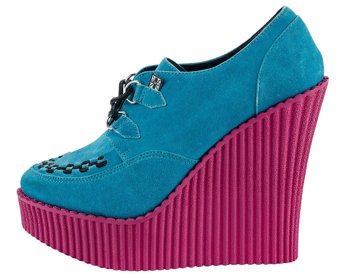 T.U.K Women's Turquoise Suede & Pink Creeper Wedge Platform Shoes | Vintage Punk Rock Style | Perfect for Concerts, Parties & Alternative Fashion Outfits