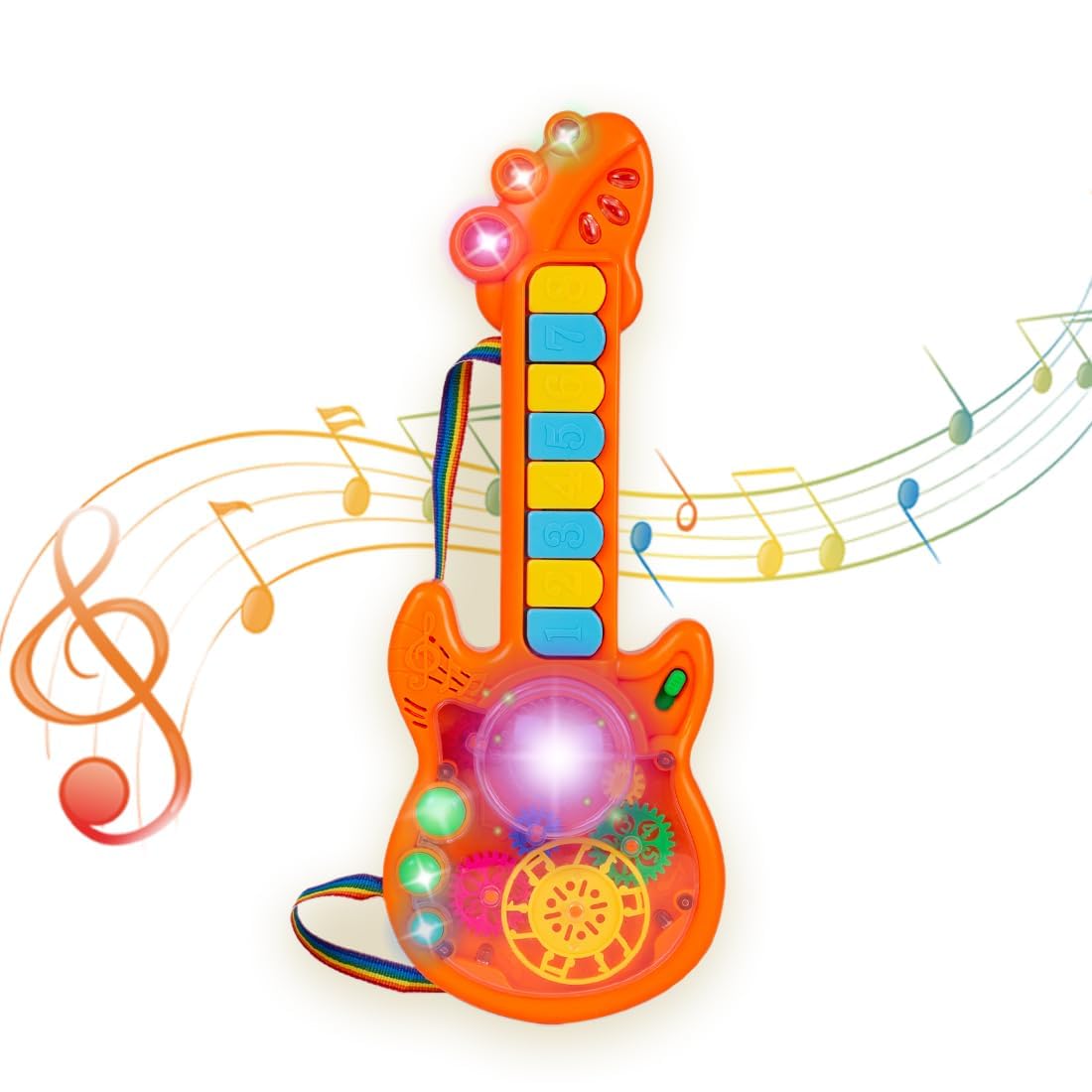 Kid Kraze® Battery Operated Musical Toy Guitar with 8 Keys, 3D Gears & LED Light Effects - Best Gift for Kids, Toddlers, Boys & Girls - Perfect for Birthday Parties, Music Learning & Pretend Play