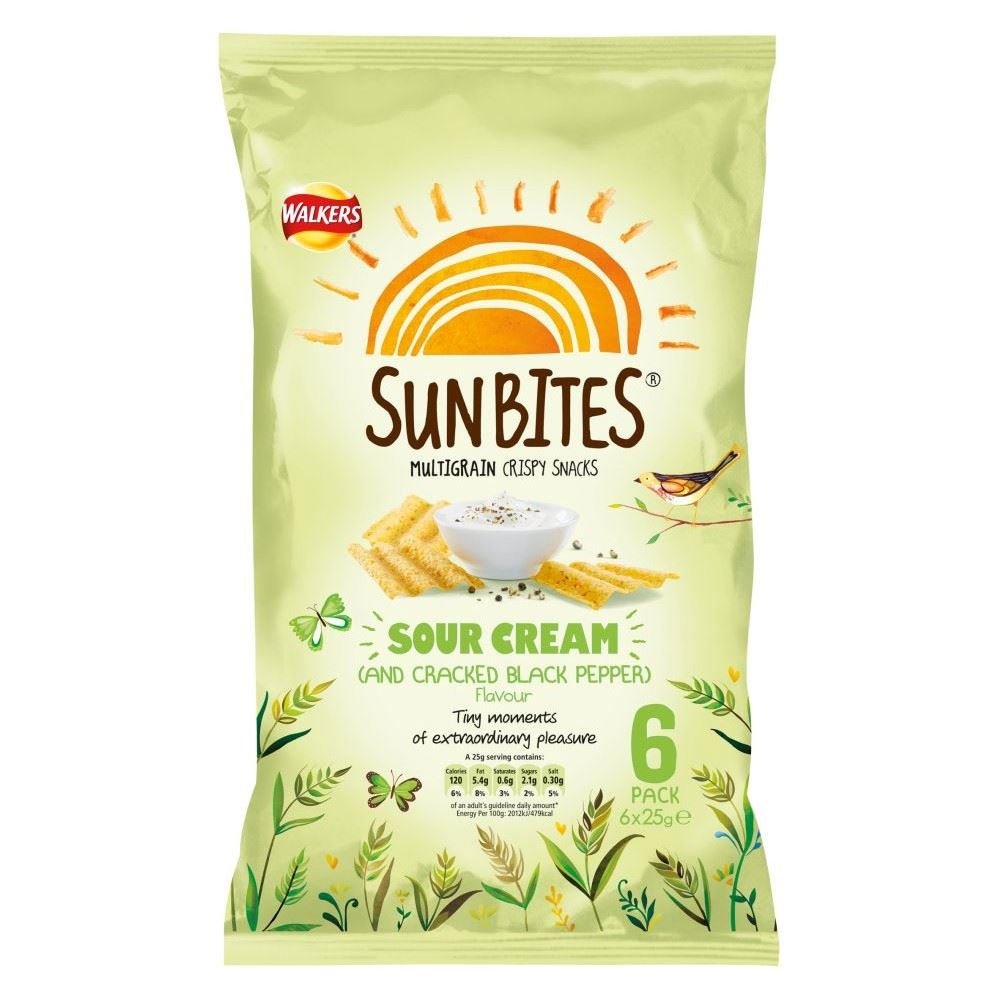 Walkers SunBites Wholegrain Snacks - Sour Cream & Cracked Black Pepper (6 Pack, 25g Each) | Healthy On-the-Go Snack for Work, School & Travel