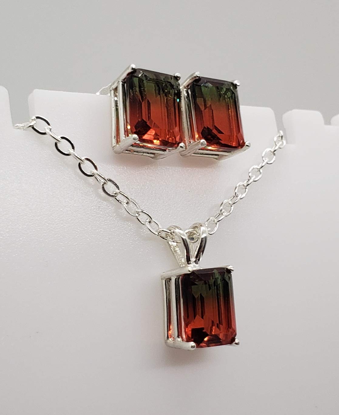 Watermelon Tourmaline Sterling Silver Earring and Necklace Set - Dainty Jewelry Gift for Women, Birthstone Jewelry for August - Perfect for Weddings, Parties & Everyday Wear