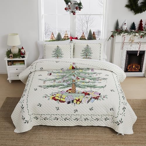 Spode King Comforter Set - 3-Piece Luxury Bedding with Matching Shams, Ivory Christmas Tree Holiday Decor for Cozy Winter Bedrooms & Festive Home Styling