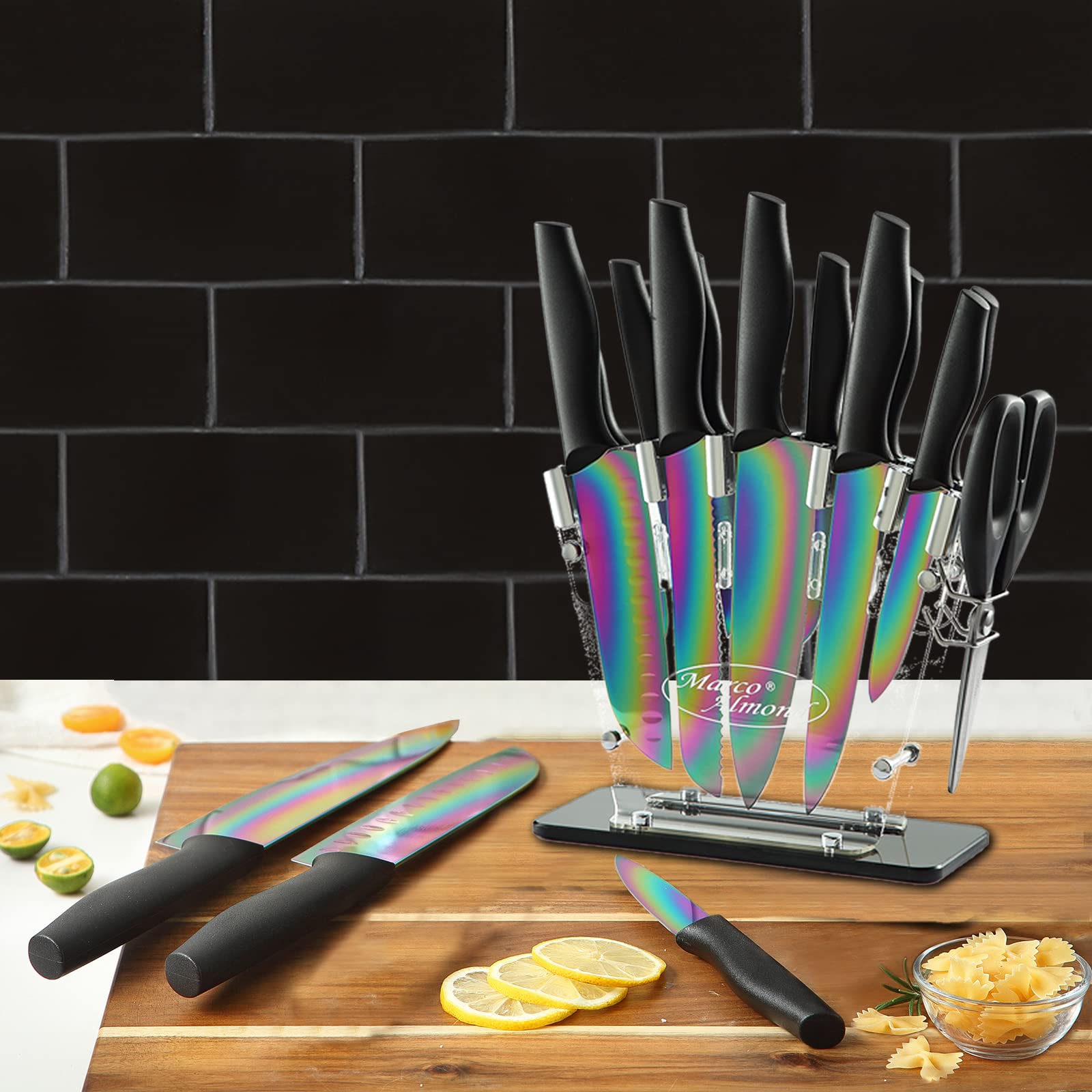 Marco Almond® 14-Piece Rainbow Color Stainless Steel Knife Block Set - Professional Chef Knives for Kitchen with Acrylic Stand | Perfect for Home Cooking, Restaurant Use & Gift Giving