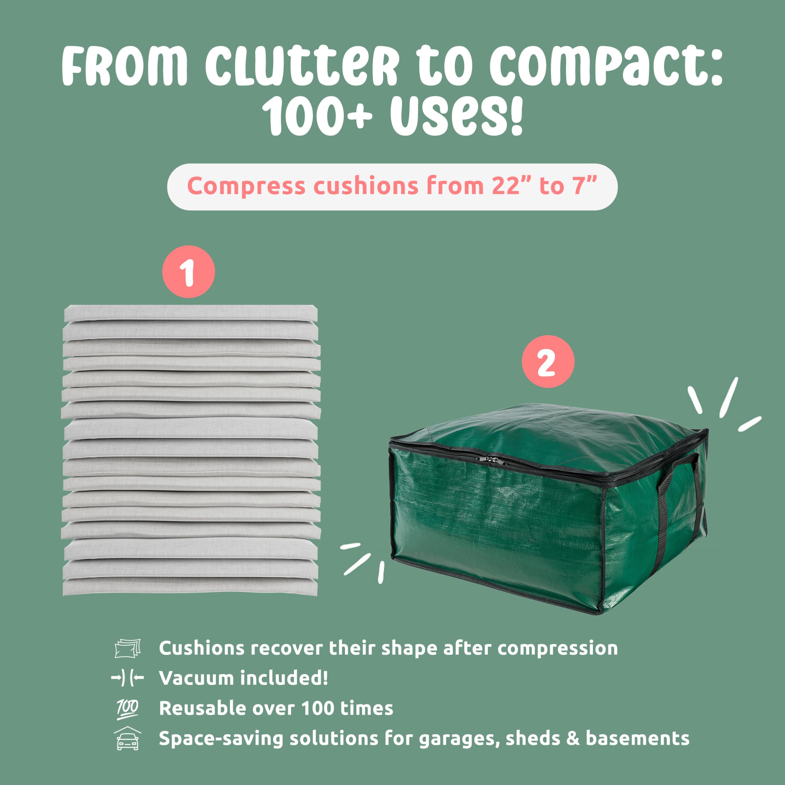 2-in-1 Vacuum Storage Bags with Weatherproof Box - Space Saving Solution for Small Dining & Patio Cushions | Compact Storage for Seasonal Decor, Travel & Home Organization