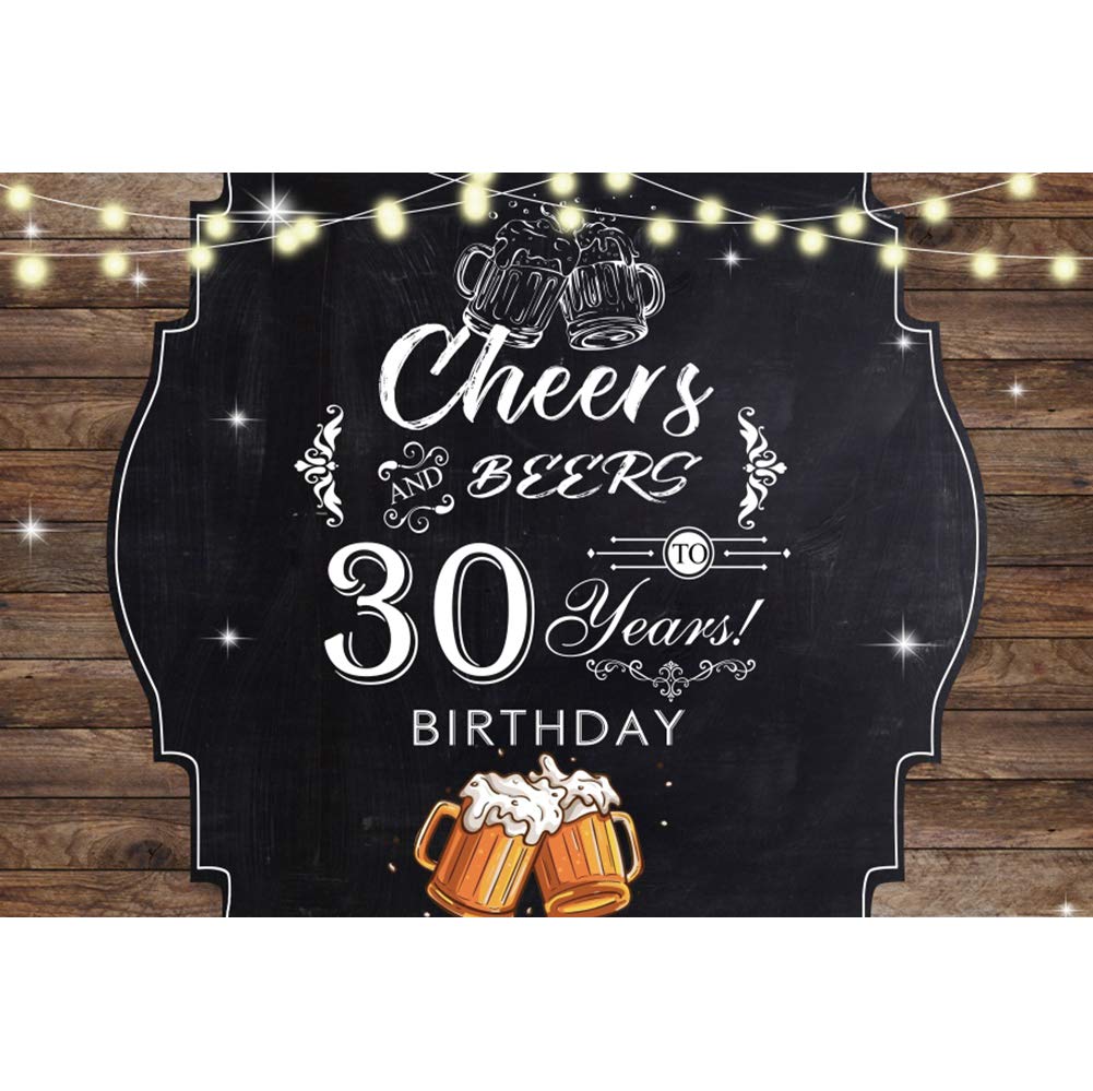 Baocicco 5x3ft Polyester Photography Backdrop - Cheers to 30 Years Birthday Party Background with Beer Mugs & Shiny Bulbs - Wood Plank Black Board Photo Props for 30th Birthday Decorations, Anniversary Celebrations & Social Media Photos