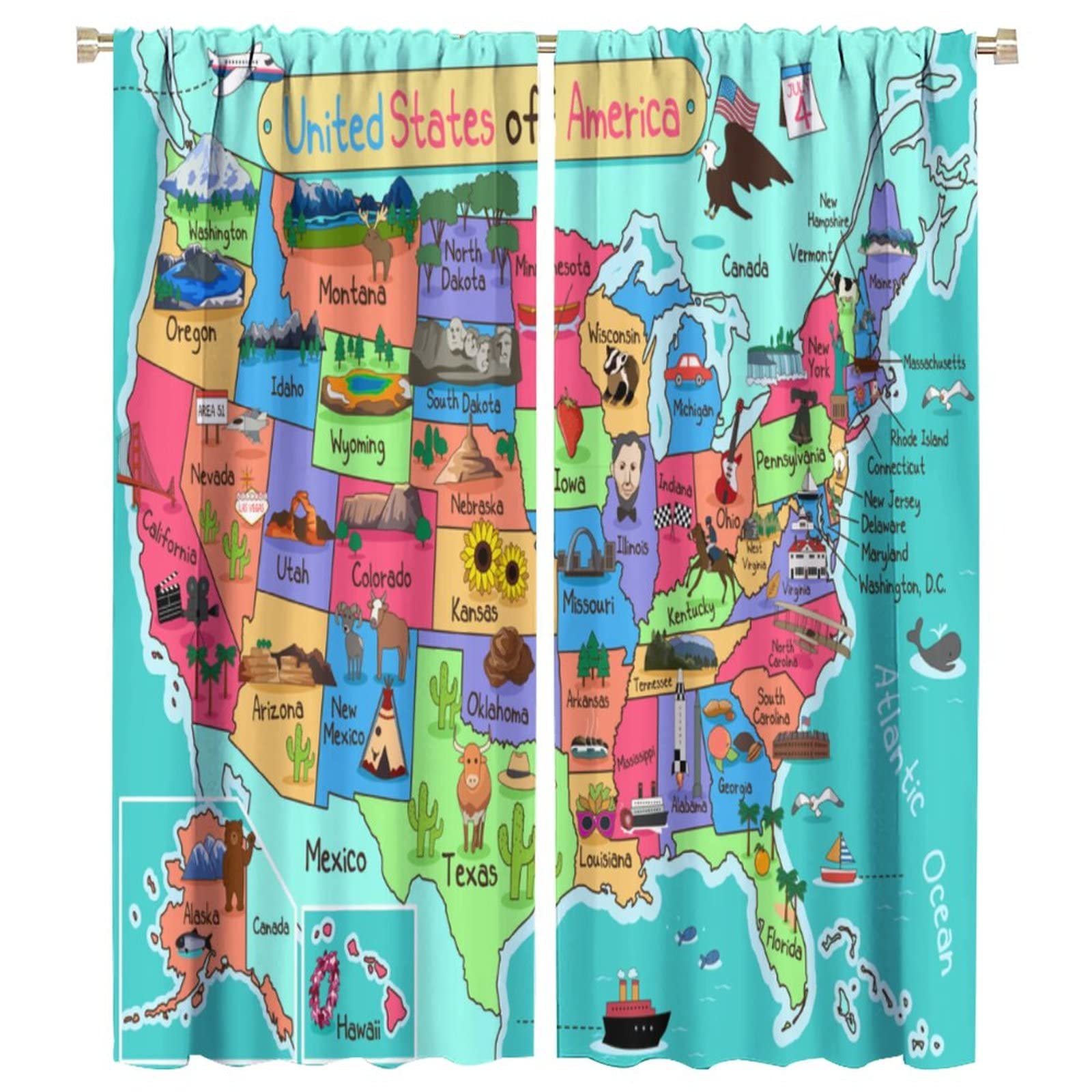 Kids USA Map Curtains - Fun Geography Educational Window Drapes for Boys & Girls Bedroom, Nursery, Living Room Decor - 2 Panel Set 42x54 Inches - Perfect for Learning American States & Home Schooling Decor