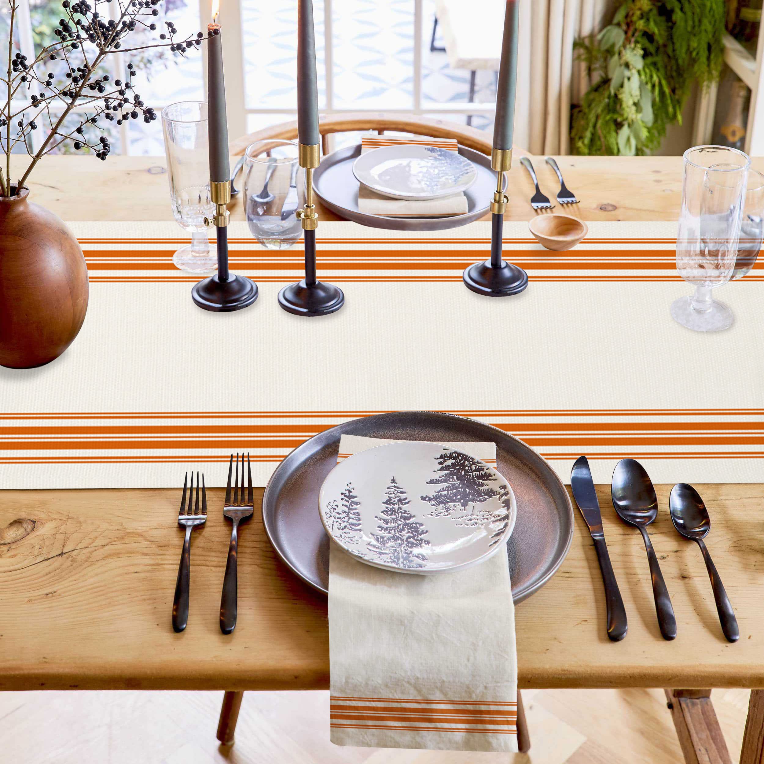 120-inch Cotton Linen Table Runner - Thanksgiving Stripes Orange Burlap Tablecloth for Farmhouse Dining, Coffee Table, Holiday Parties & Weddings | Machine Washable Rustic Decor | Perfect for Autumn Gatherings, Dinner Parties & Seasonal Home Decor