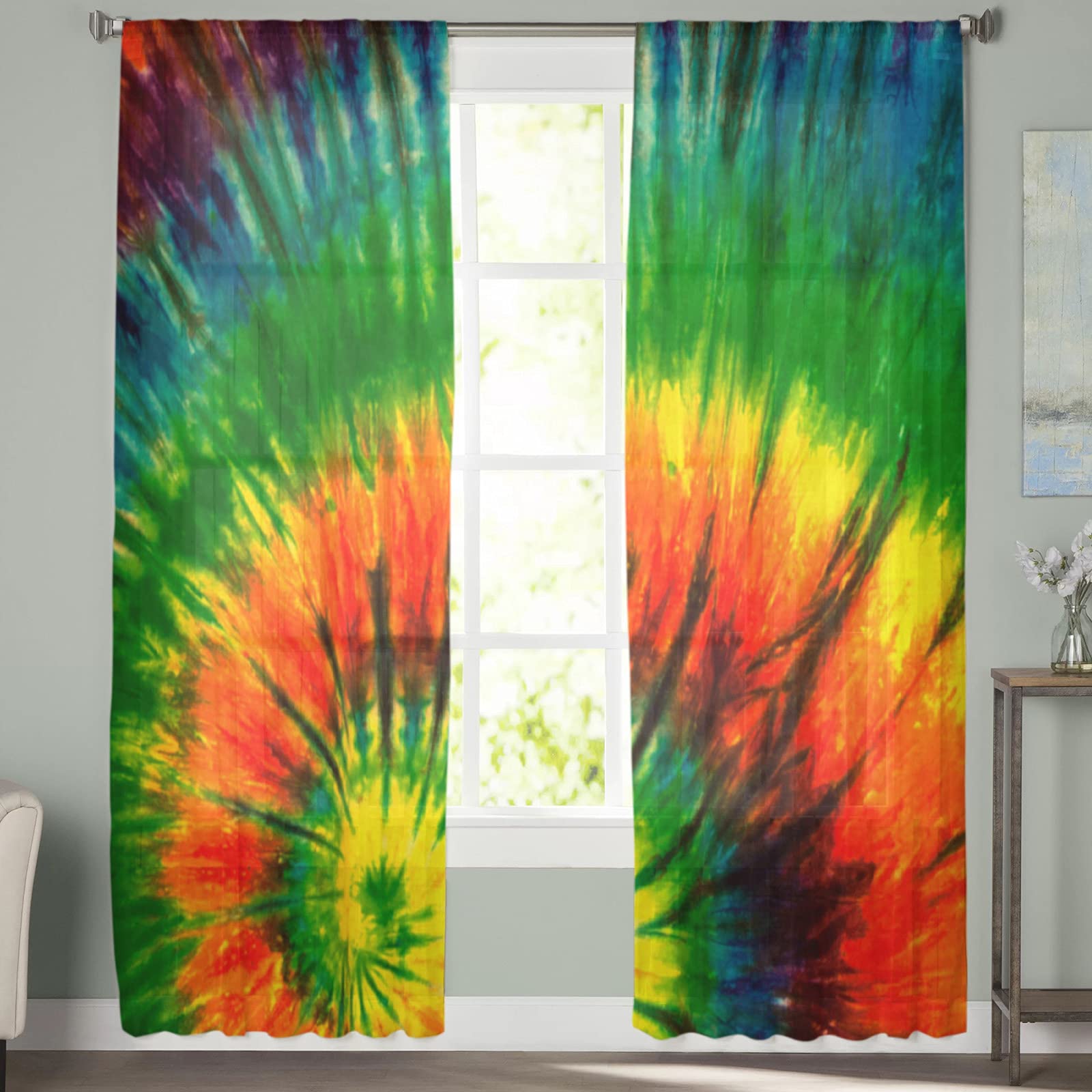 96 Inch Semi-Sheer Tie-Dye Floral Print Curtains - Light Filtering Window Drapes with Rod Pocket for Living Room & Bedroom (Set of 2 Panels) | Perfect for Boho Home Decor & Sun Protection