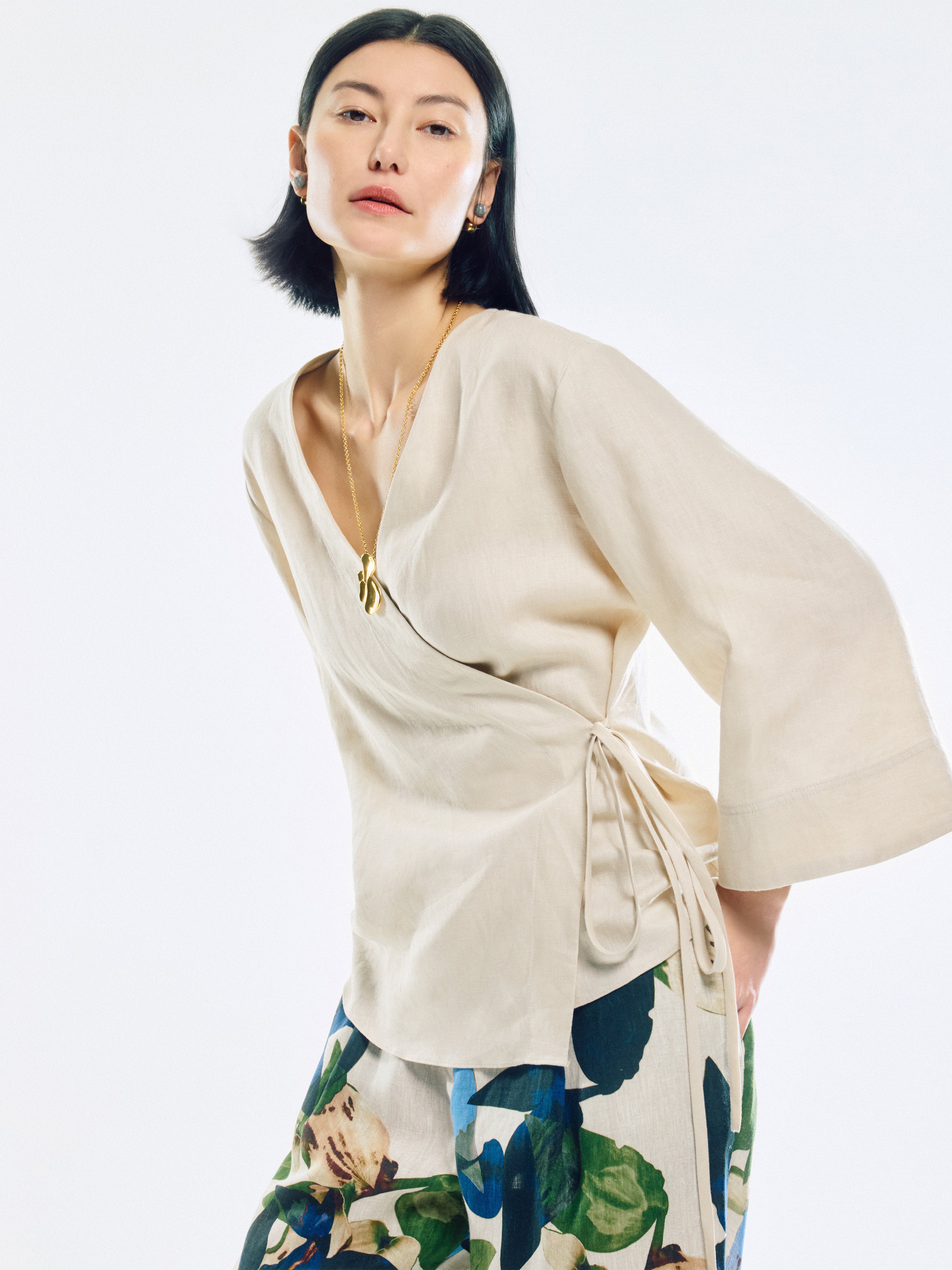 Linen Wrap Front Top Women's Casual Blouse - Beige | Summer Boho Chic Shirt for Beach, Office & Date Night
