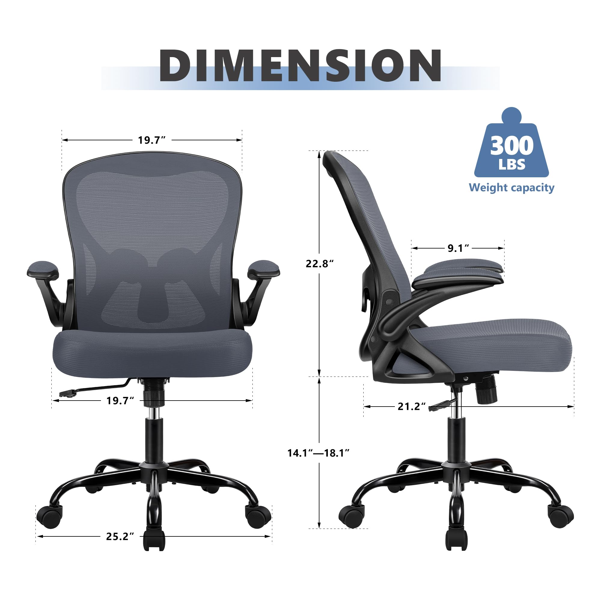 Ergonomic Mesh Office Chair with Adjustable Lumbar Support - Mid Back Swivel Task Chair with Breathable Mesh & Flip-Up Armrests - Comfortable Computer Desk Chair for Home Office, Gaming & Workspaces (Dark Gray)
