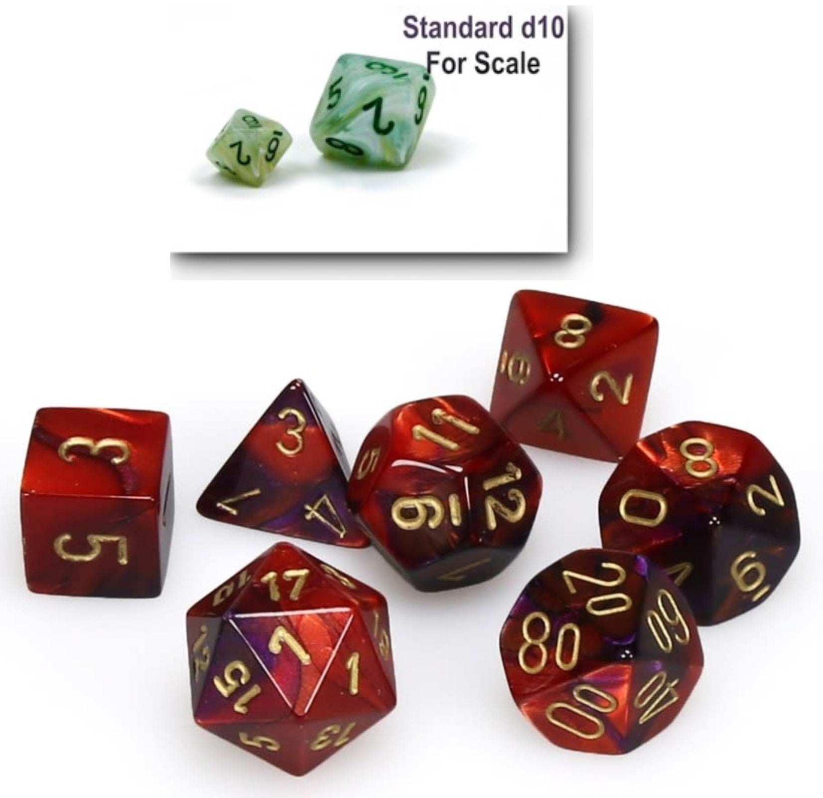 Chessex Polyhedral 7-Dice Set - Gemini Style Purple & Red with Gold Accents for D&D, RPG, and Tabletop Gaming