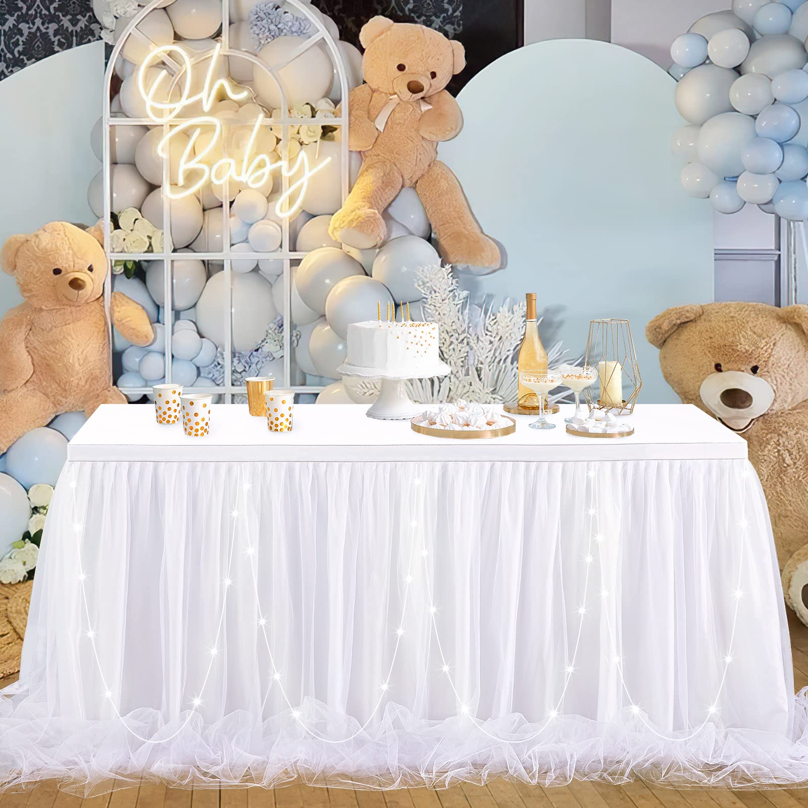 9ft White LED Tulle Table Skirt for Rectangle & Round Tables - Wedding, Bridal Shower, Birthday Party Decorations - Perfect for Banquet Halls, Reception Tables, and Special Event Centerpieces