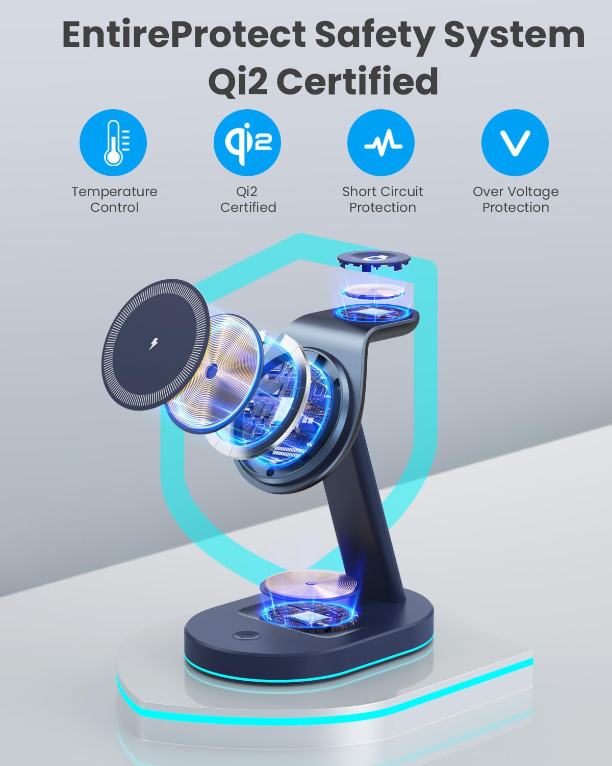 3-in-1 Wireless Charging Station with Qi2 Certified 15W Magnetic Stand - Fast Charger for iPhone 16/15/14/13/12, Apple Watch & AirPods - Includes 30W USB-C Adapter & Night Light - Perfect for Bedside, Office & Travel Charging