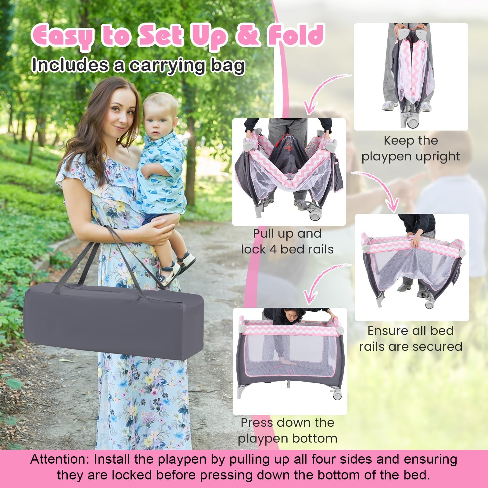BABY JOY 4-in-1 Portable Playard with Bassinet, Changing Table & Toy Bar - Side Zipper Door, Lockable Wheels & Carry Bag - Indoor, Outdoor & Travel Nursery Center for Babies & Toddlers - Perfect for Home, Travel & Playtime