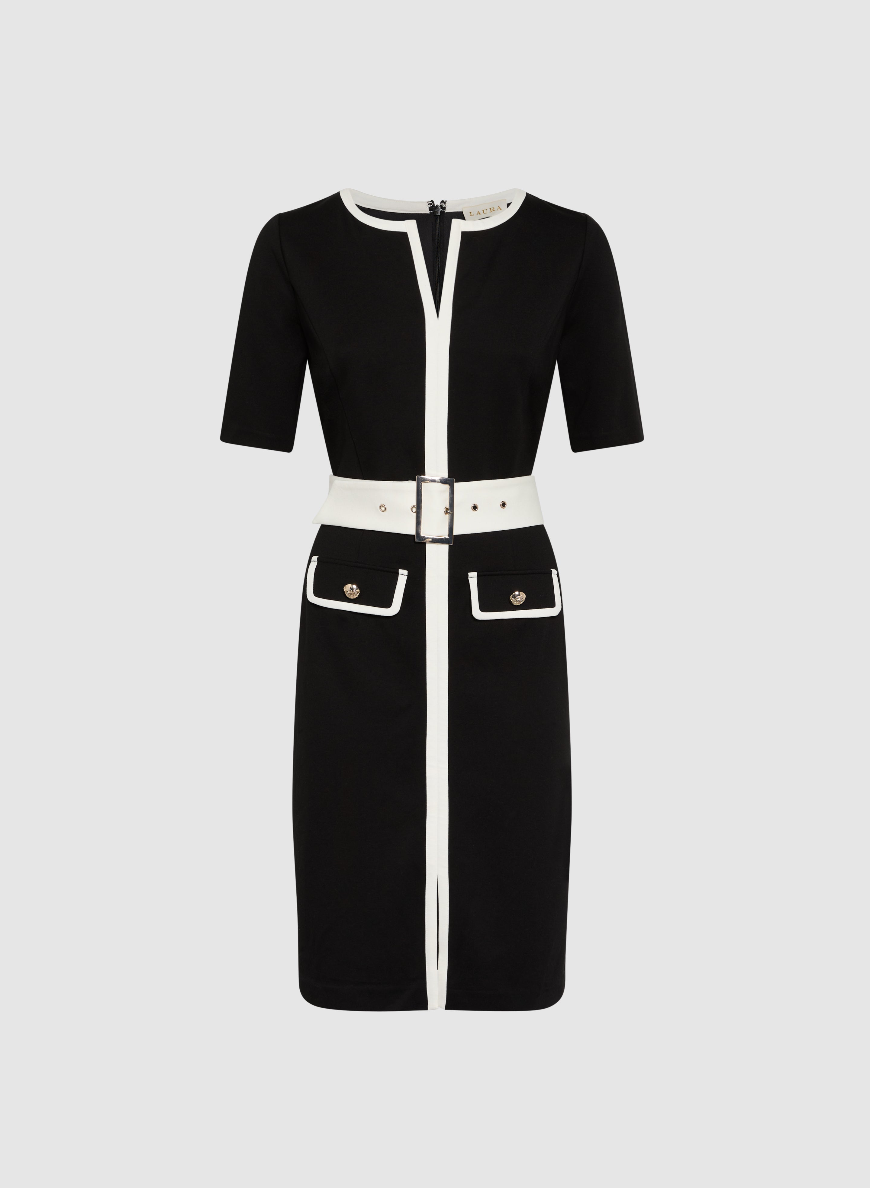 Stylish Belted Contrast Trim Dress for Women - Elegant A-Line Midi Dress with Waist Accent - Perfect for Office, Party & Special Occasions