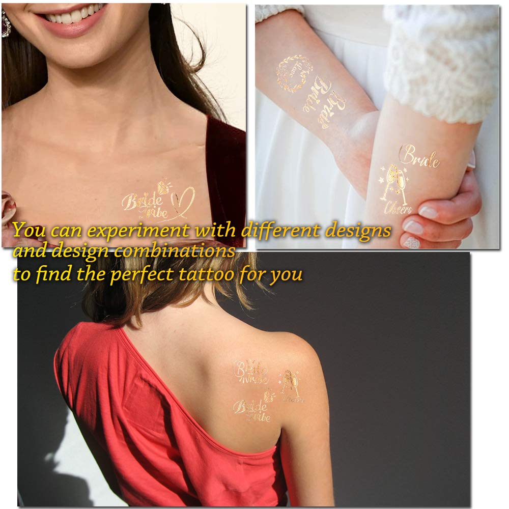 Bride Tribe Temporary Tattoos - Gold Metallic Henna Designs for Bachelorette Parties, Wedding Showers & Girls Night Out