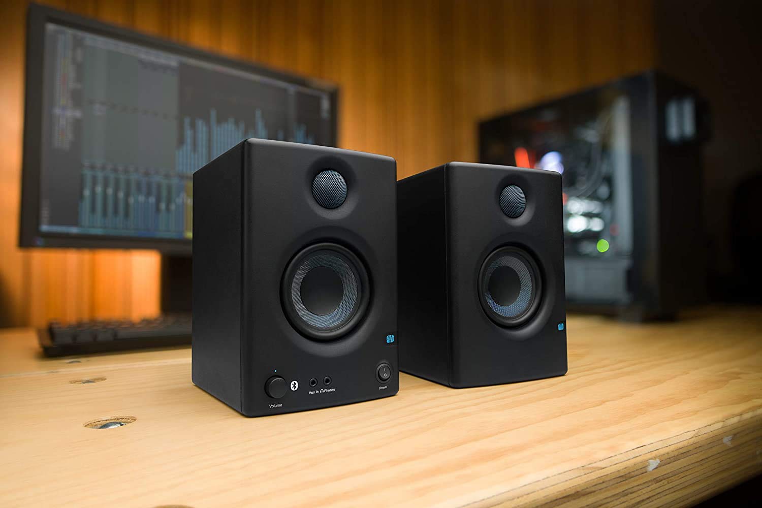 PreSonus Eris E3.5 BT 3.5-Inch Near Field Studio Monitors with Bluetooth 5.0 - 50W Class AB Amplified Speakers for Home Recording, Music Production & Podcasting - Includes Gravity Magnet Phone Holder for Mobile Devices
